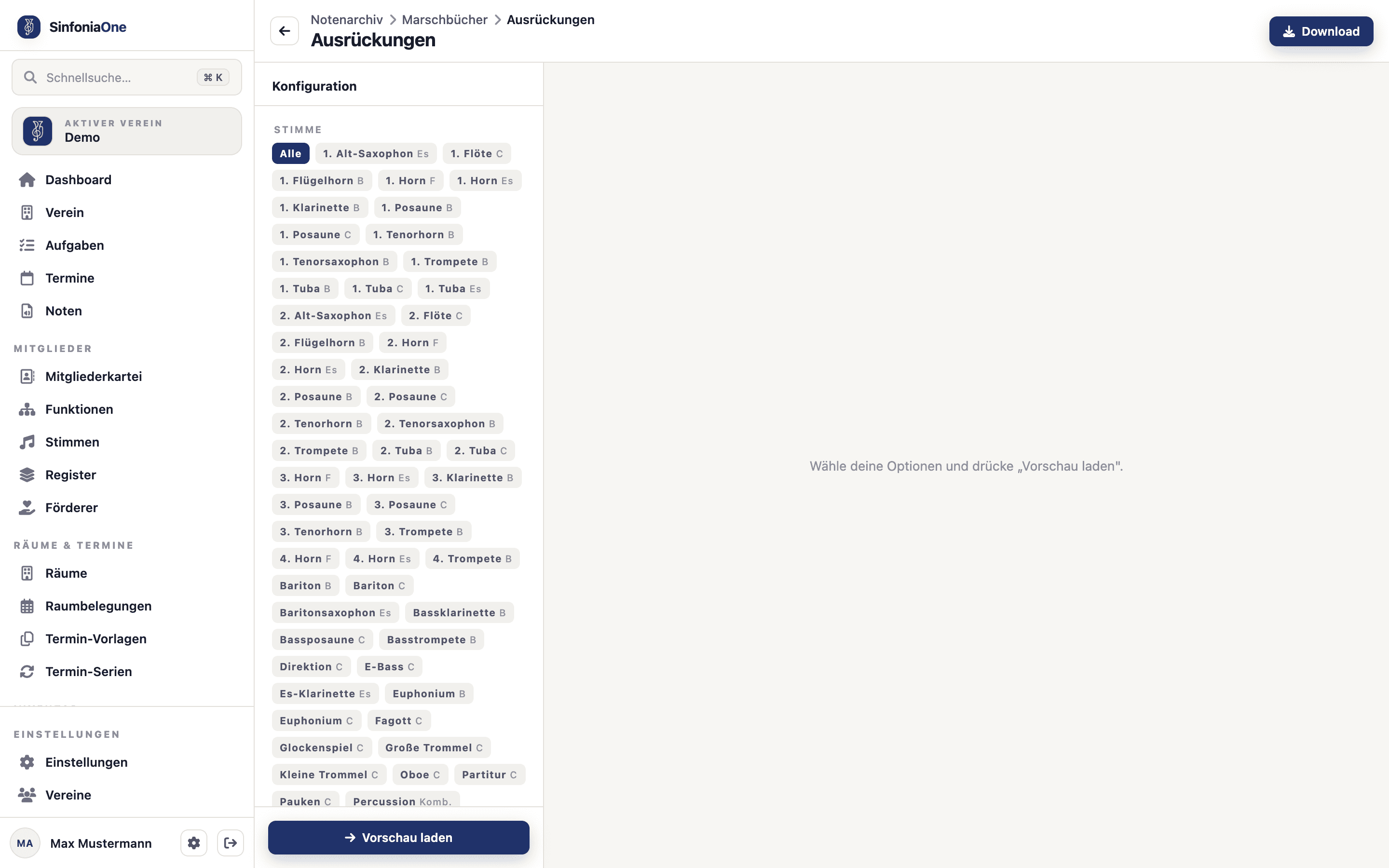 Marschbuch-Vorschau (MarschbuchPreviewScreen) mit Stimmenauswahl und Export-Button