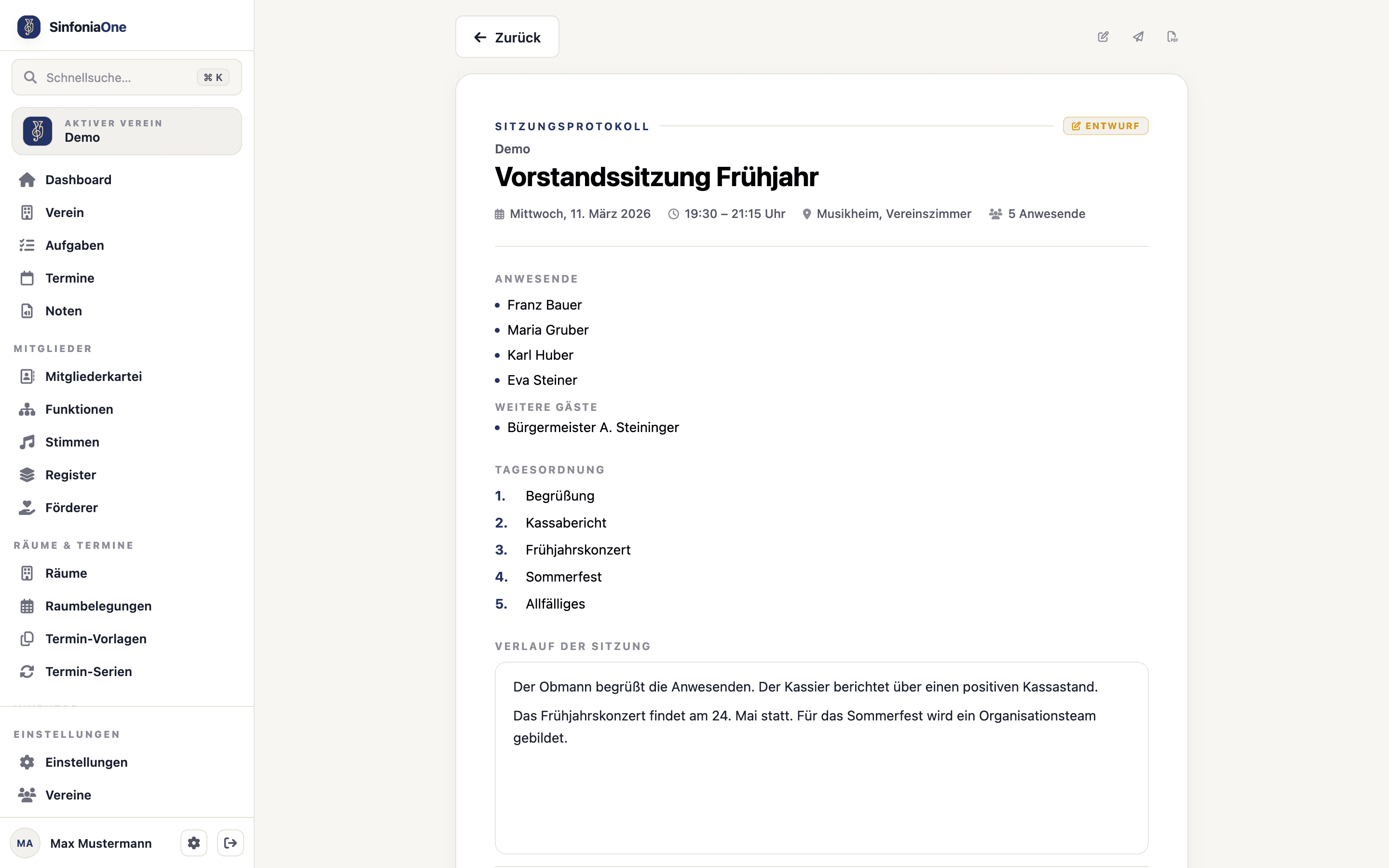 Leseansicht (MinutesReaderScreen) mit formell formatiertem Protokoll und Anwesenheitsliste