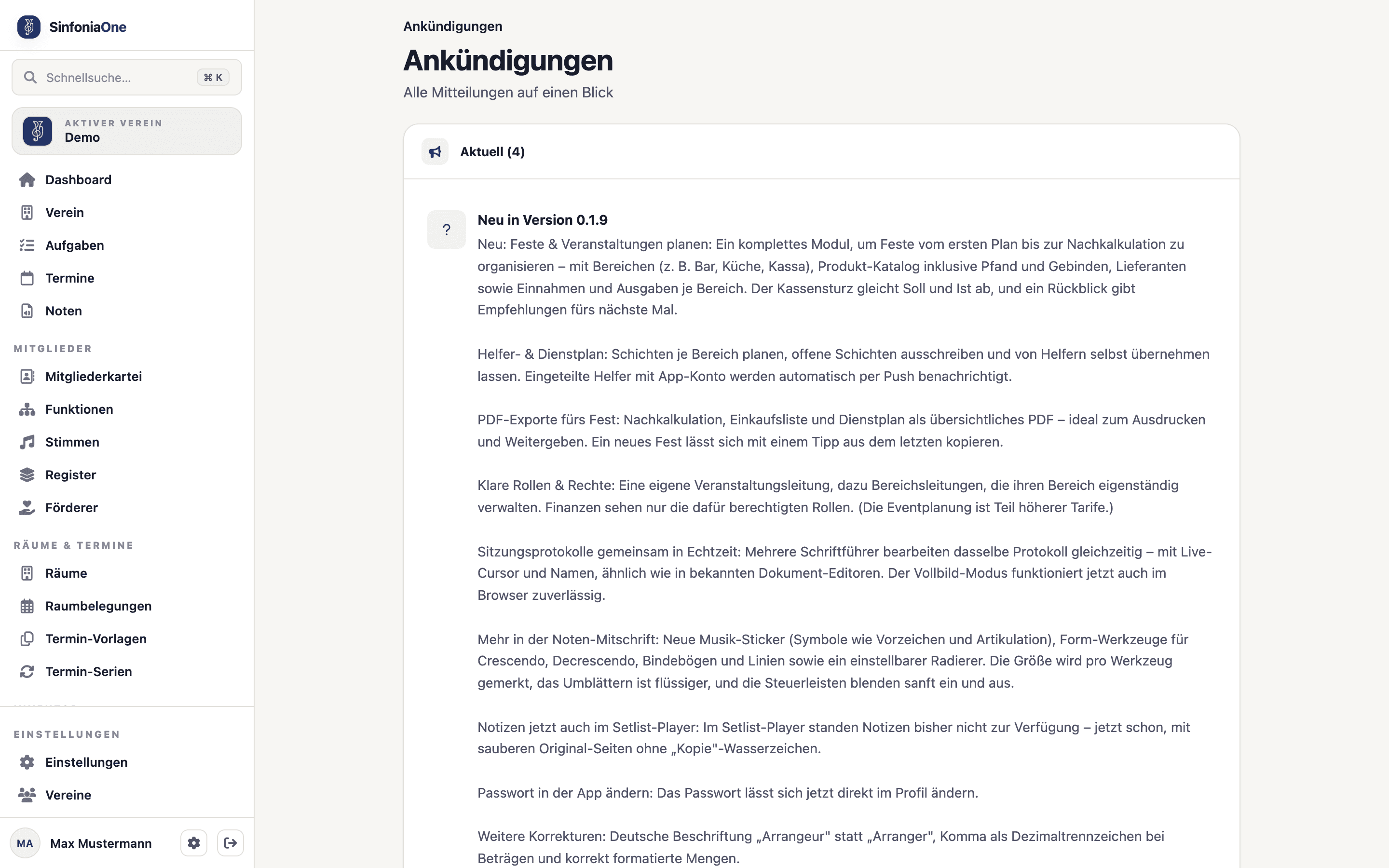 Angezeigte Ankündigung (AnnouncementsScreen) als aufklappender Hinweis mit Titel, Text und Knopf