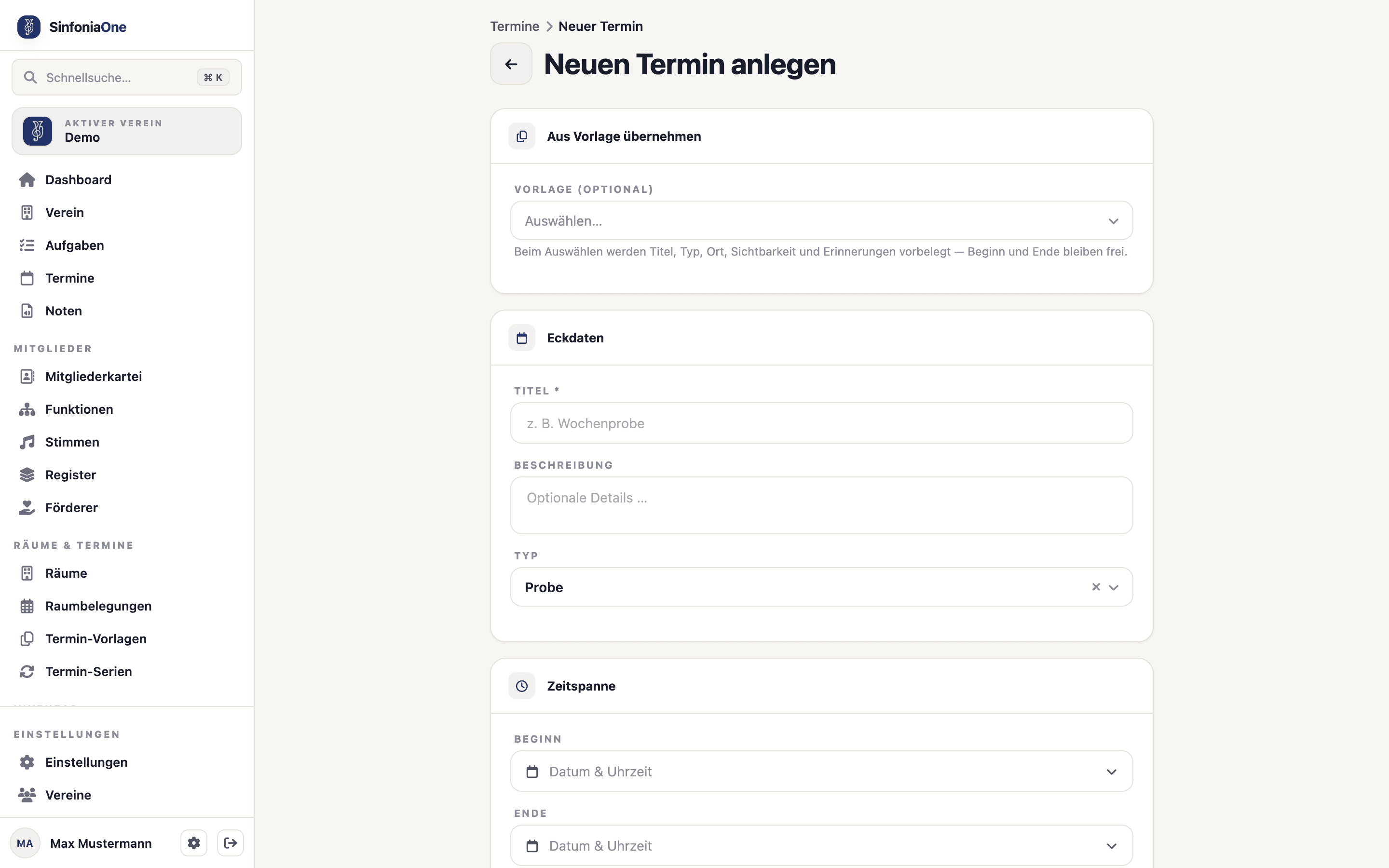 Terminformular (AppointmentFormScreen) mit Titel, Beschreibung und Typ-Auswahl