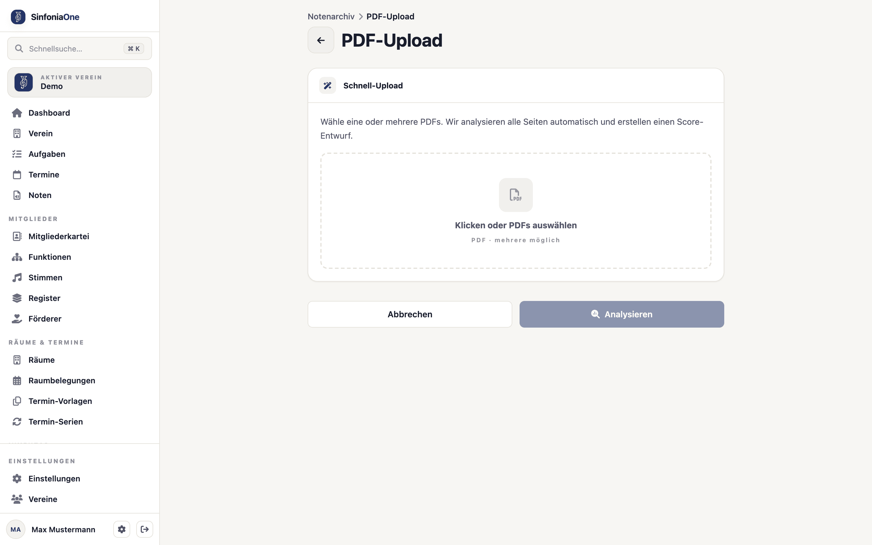 Auto-Upload-Start (AutoUploadScreen) mit Auswahl mehrerer gescannter PDF-Dateien