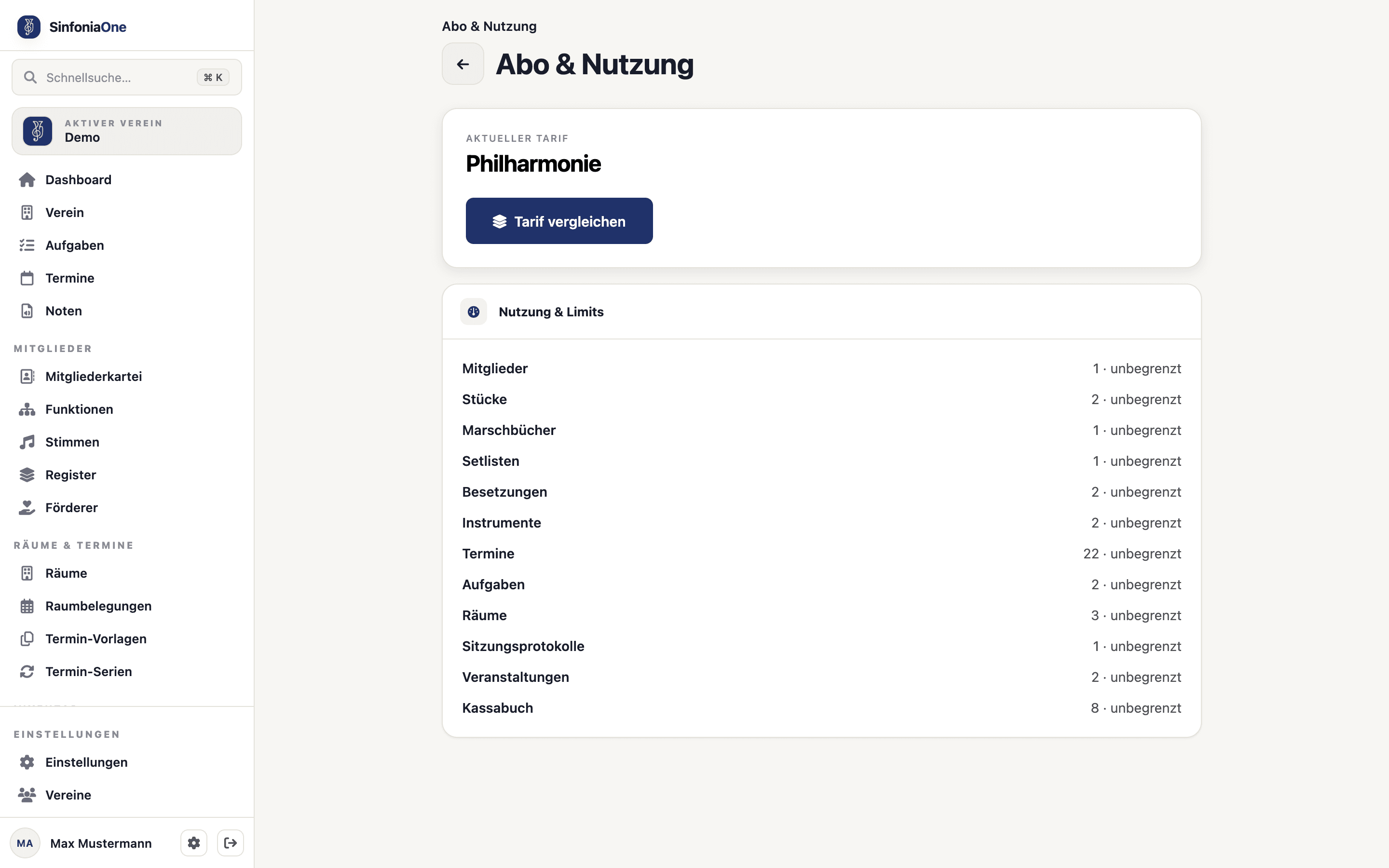 Abrechnungs-Übersicht im Browser (BillingOverviewScreen) mit aktuellem Tarif und Nutzung