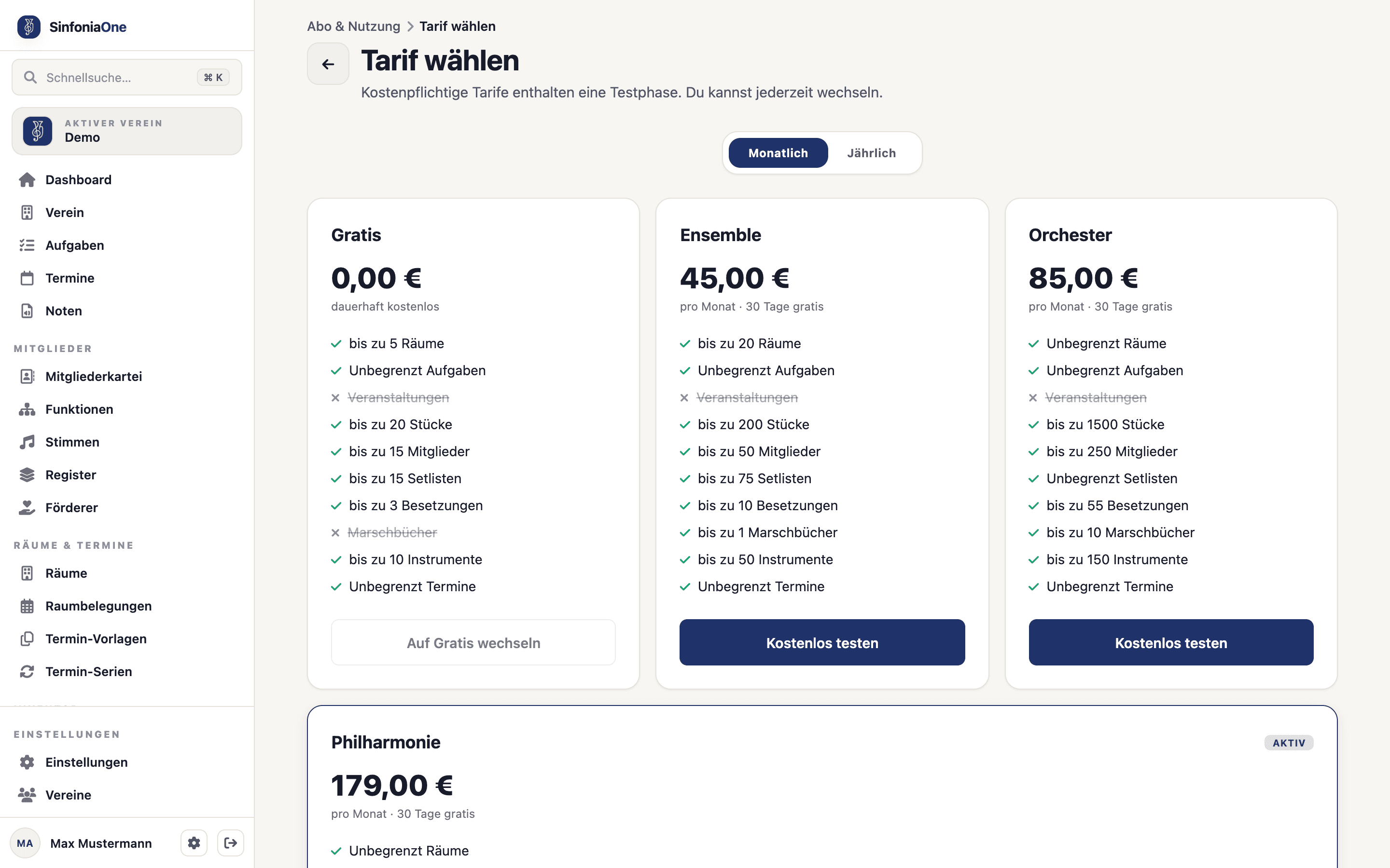 Tarif-Auswahl im Browser (BillingPlansScreen) mit den verfügbaren Tarifen