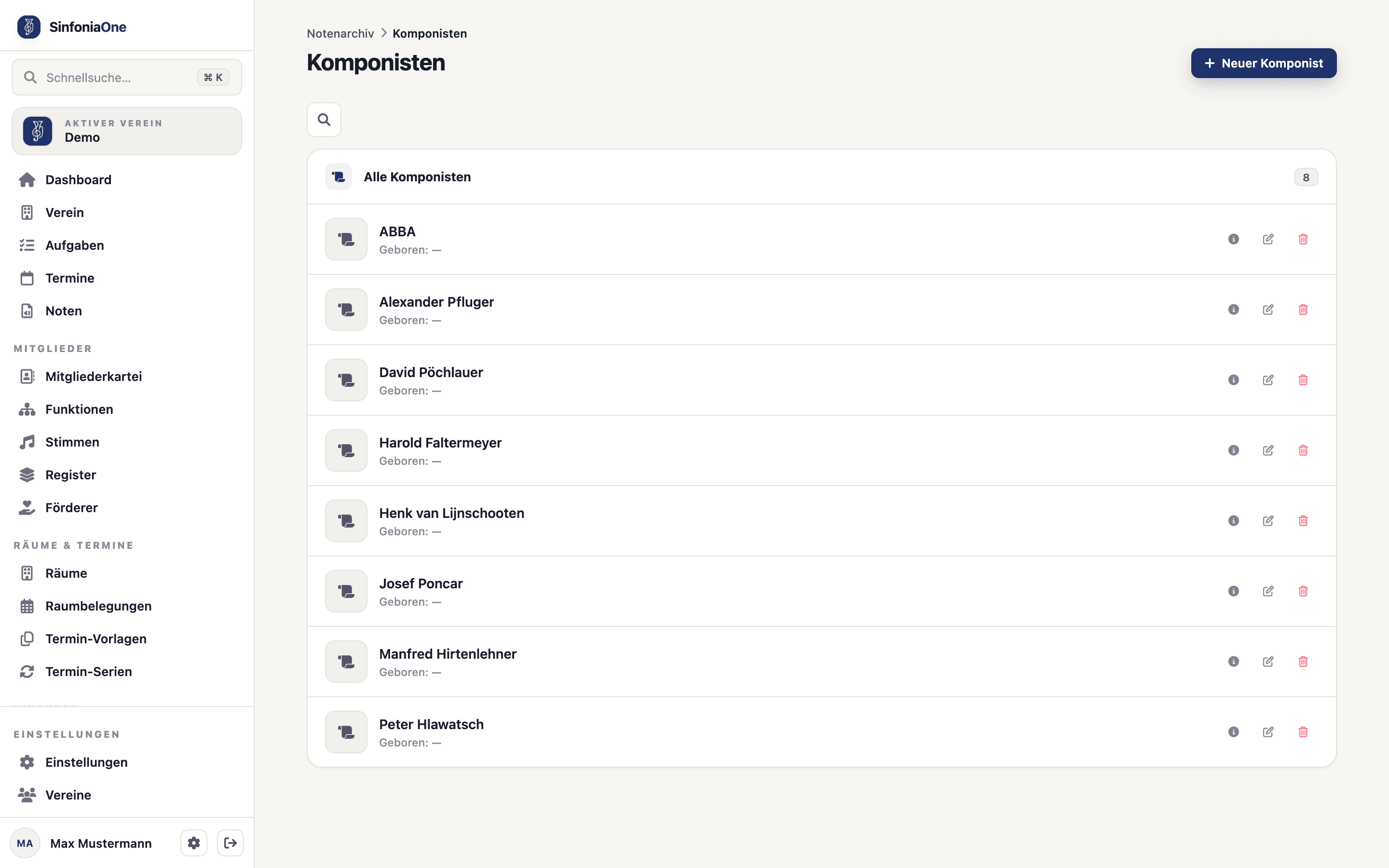Komponisten-Übersicht (ComposersScreen) mit Suchfeld und Namensliste