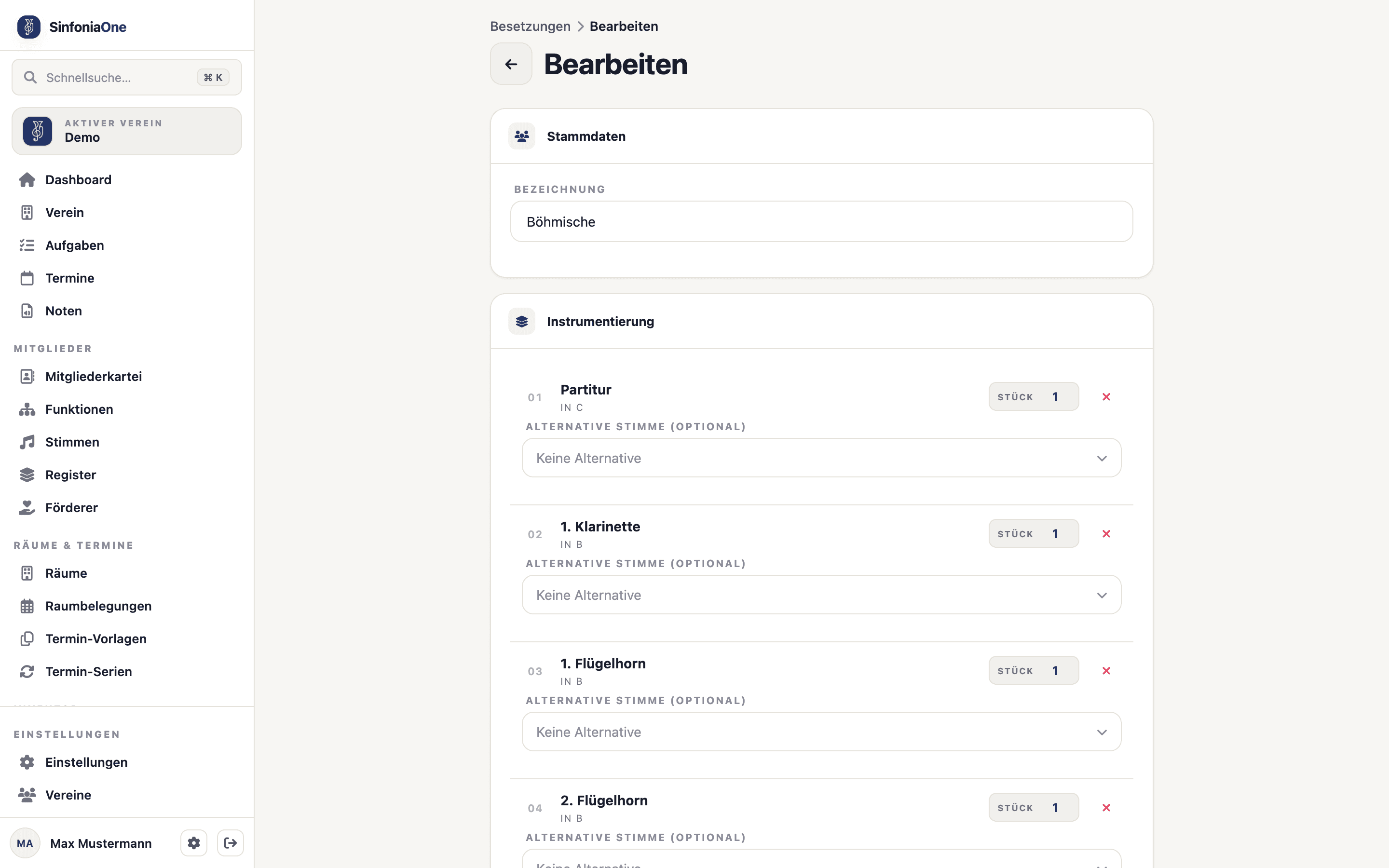 Besetzungs-Formular (EnsembleFormScreen) mit Stimmenliste, Kopienzahl und Alternativ-Stimme
