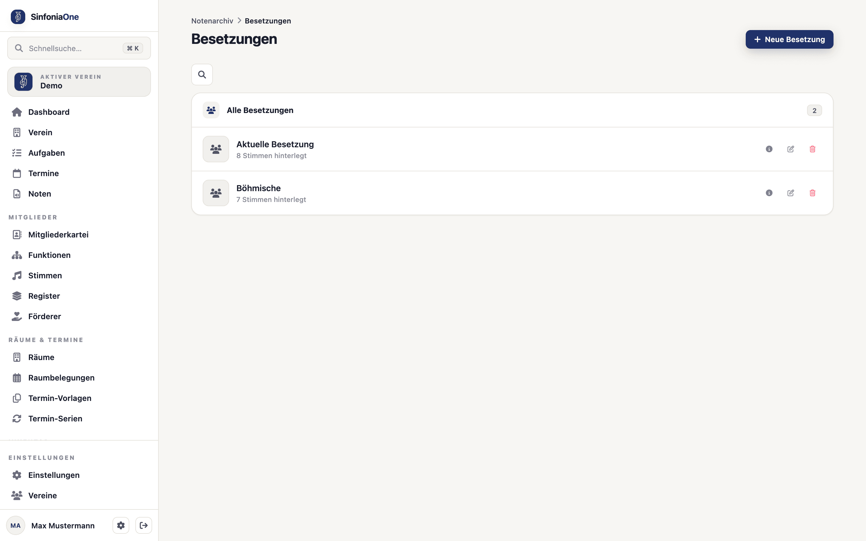 Besetzungs-Übersicht (EnsemblesScreen) mit Liste der Besetzungen