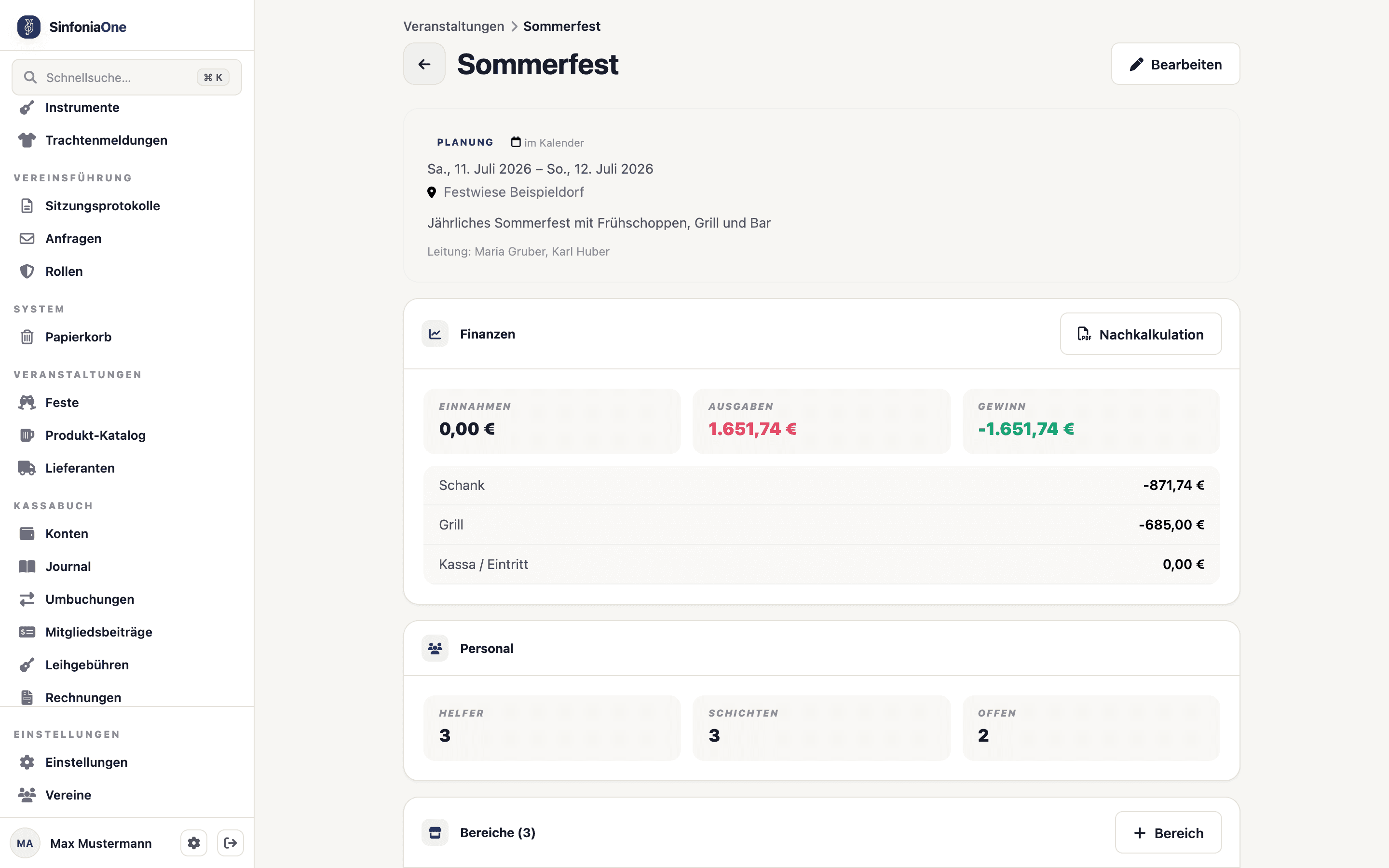 Fest-Detailansicht (EventDetailScreen) mit der Finanzposten-Liste und dem Ergebnis