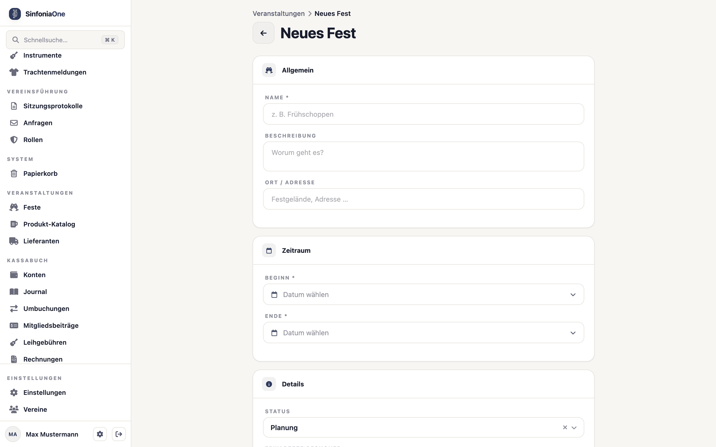Fest-Formular (EventFormScreen) mit den Feldern Name, Zeitraum und Ort