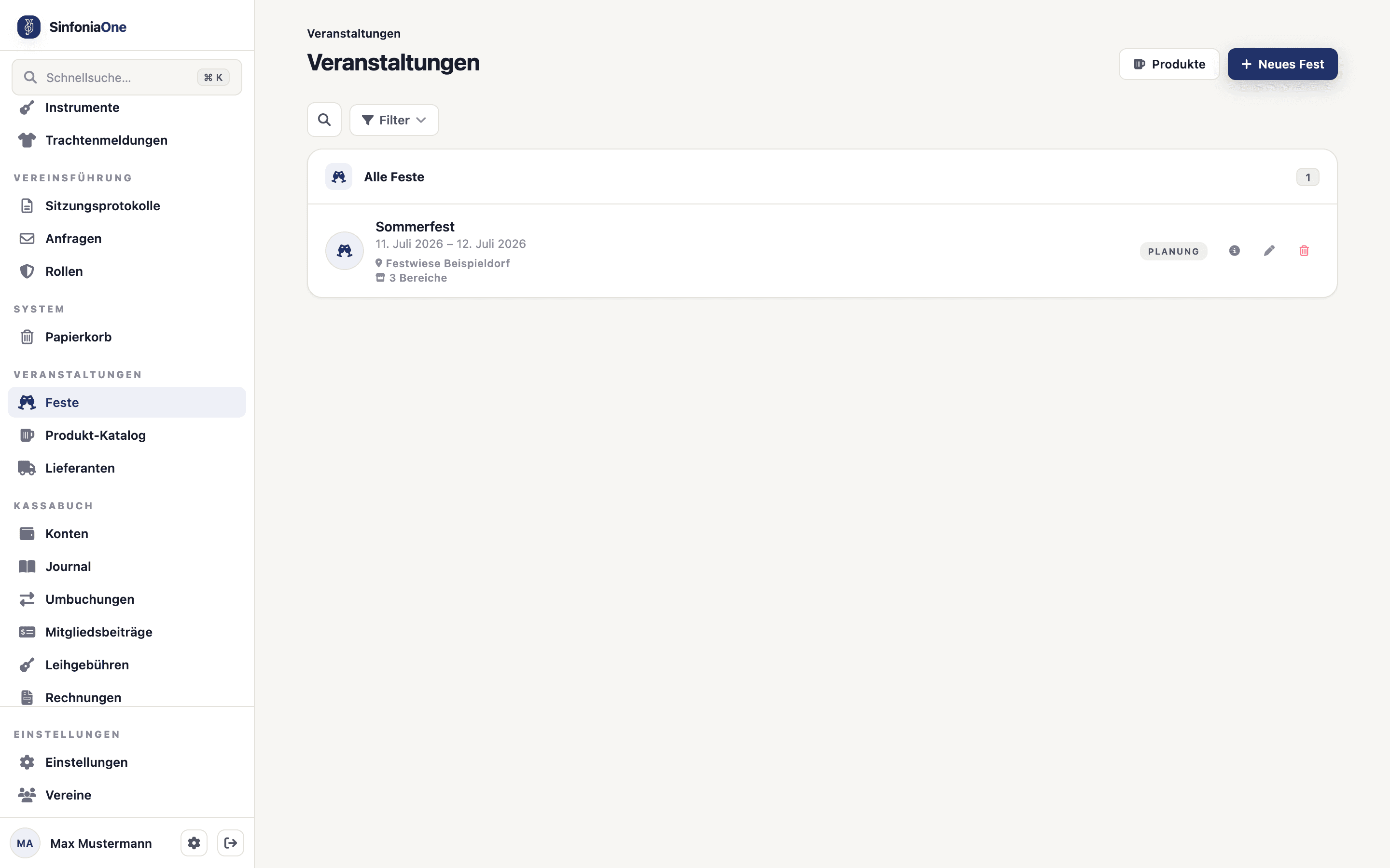 Fest-Liste (EventListScreen) mit kommenden und vergangenen Festen