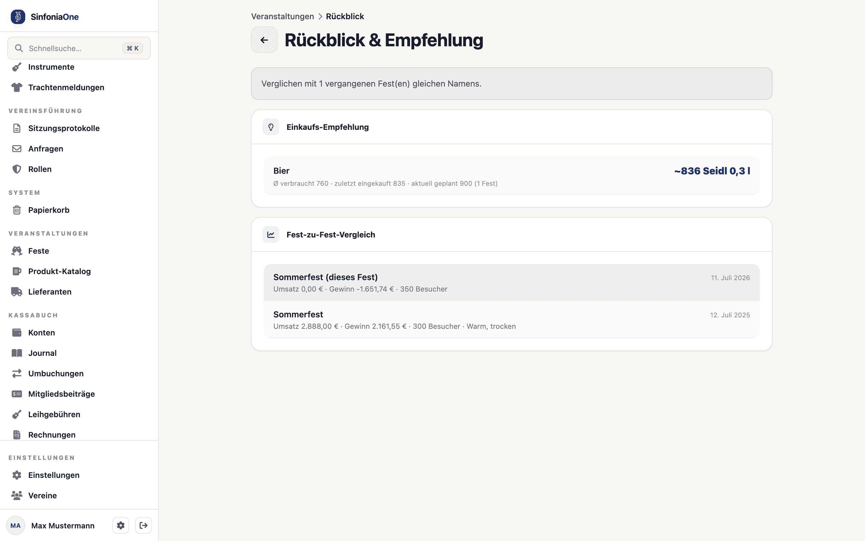 Fest-Rückblick (EventLookbackScreen) mit dem Vergleich mehrerer Jahre