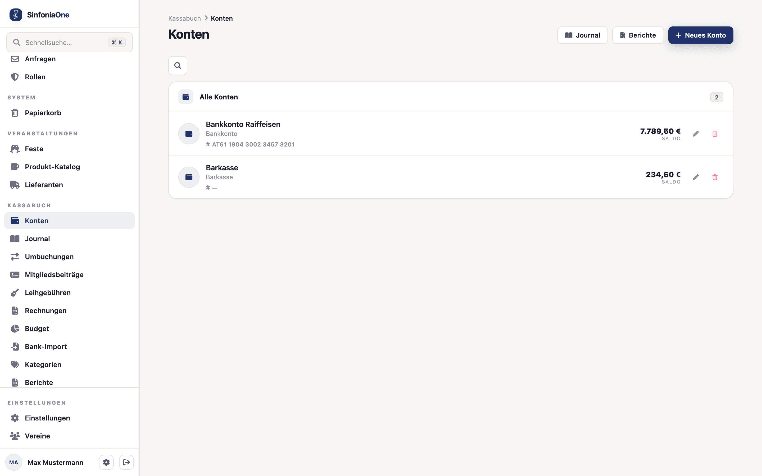 Kontenübersicht (FinanceAccountsScreen) mit mehreren Konten und ihren aktuellen Salden
