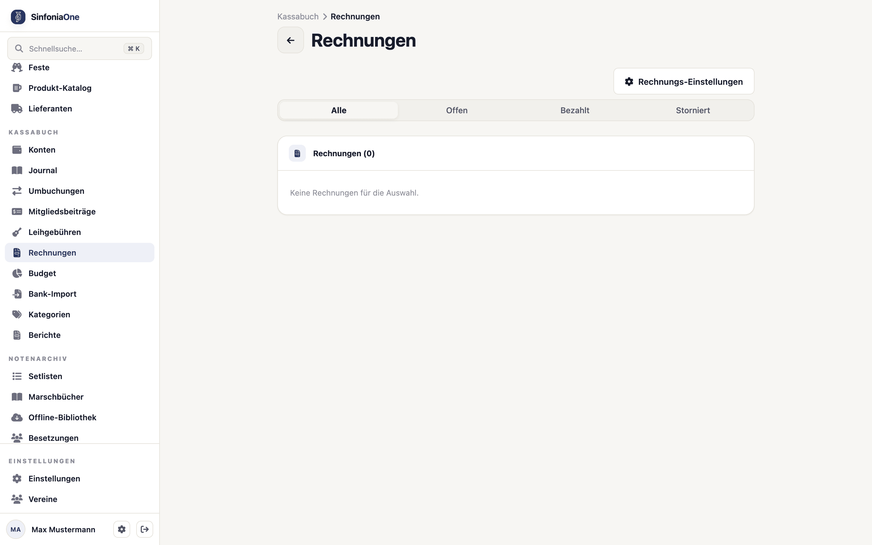 Rechnungen (FinanceInvoicesScreen) mit Rechnungsliste und Vorschau einer Leihgebühren-Rechnung