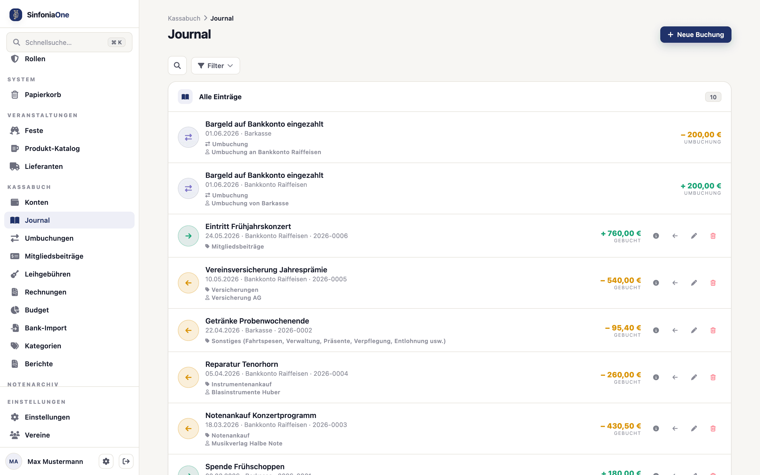 Journal (FinanceJournalScreen) mit der Liste aller Buchungen, Einnahmen und Ausgaben farblich unterschieden