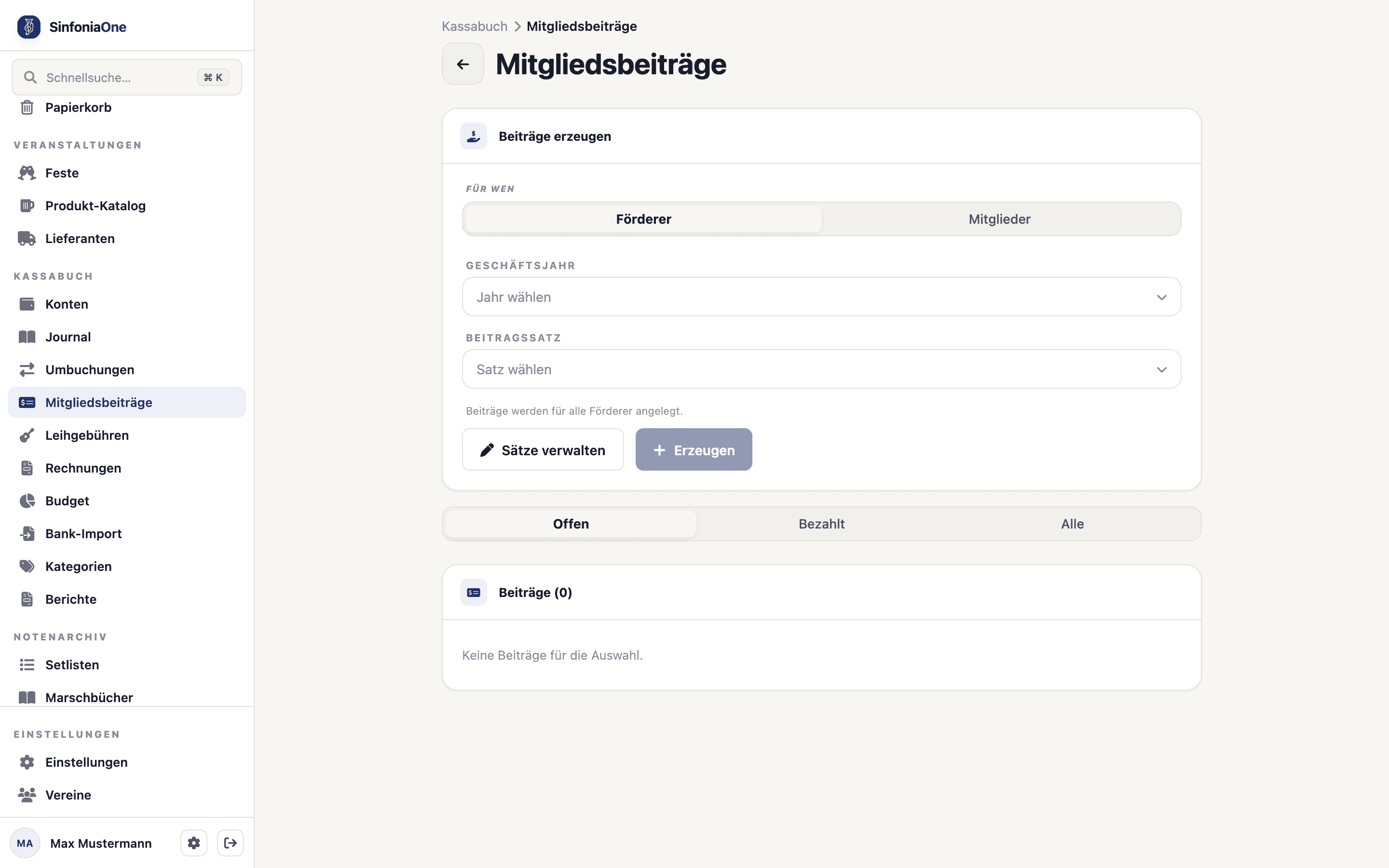 Mitgliedsbeiträge (FinanceMemberDuesScreen) mit Liste der Vorschreibungen und Statusfilter offen/bezahlt