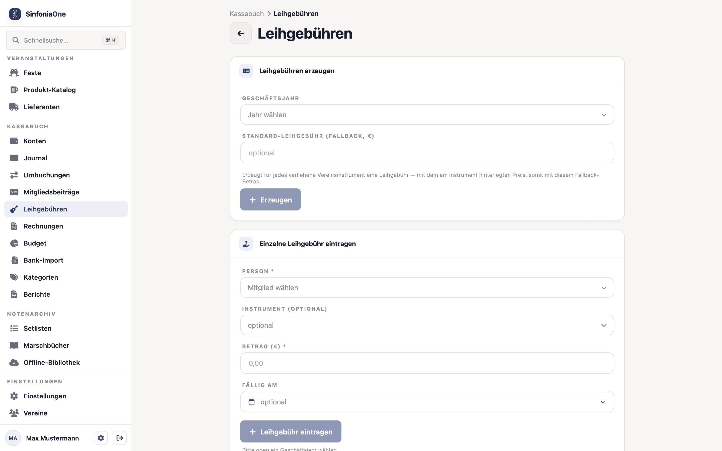 Leihgebühren (FinanceRentalDuesScreen) mit Liste der verliehenen Instrumente und offenen Gebühren