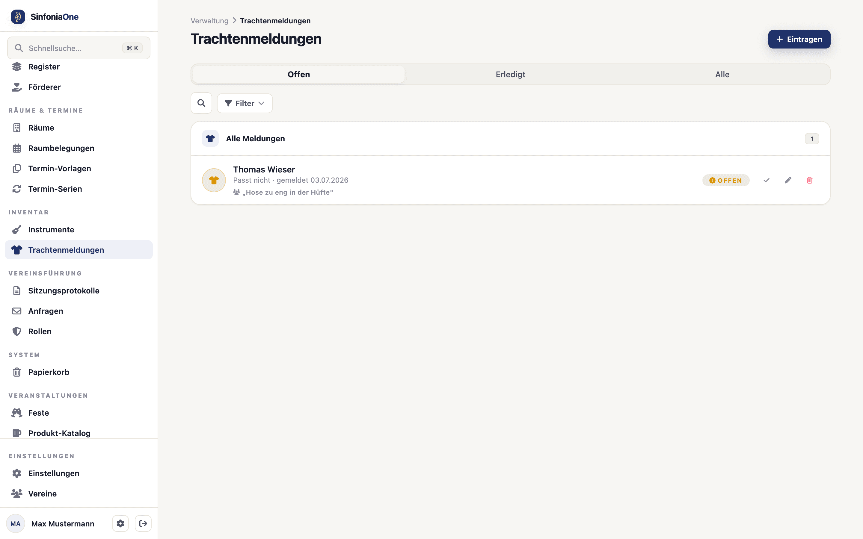 Uniform reports (GarmentReportsScreen) with tabs "Open / Done / All"