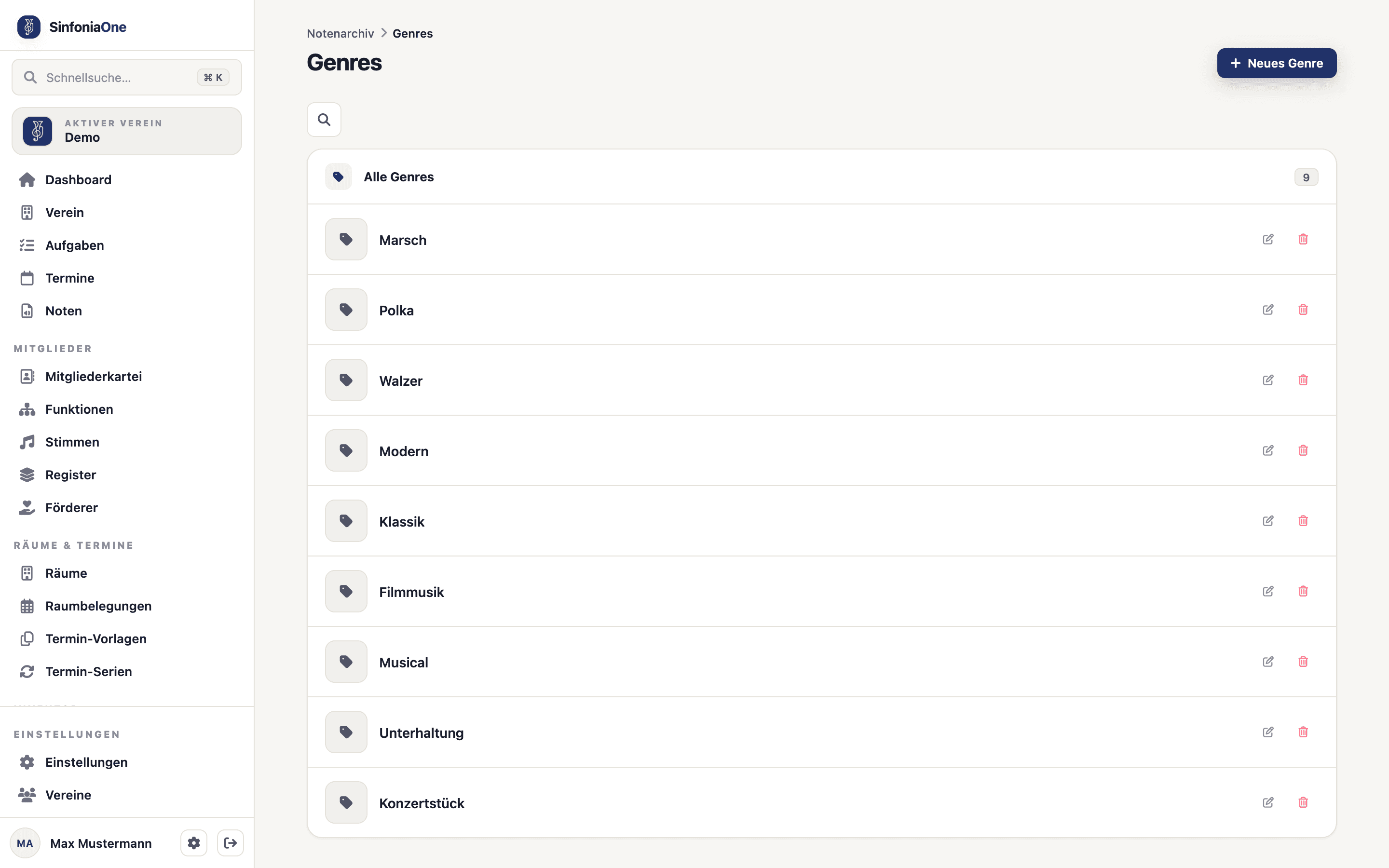 Genre-Übersicht (GenresScreen) mit Liste der Genres und Button „Neu"