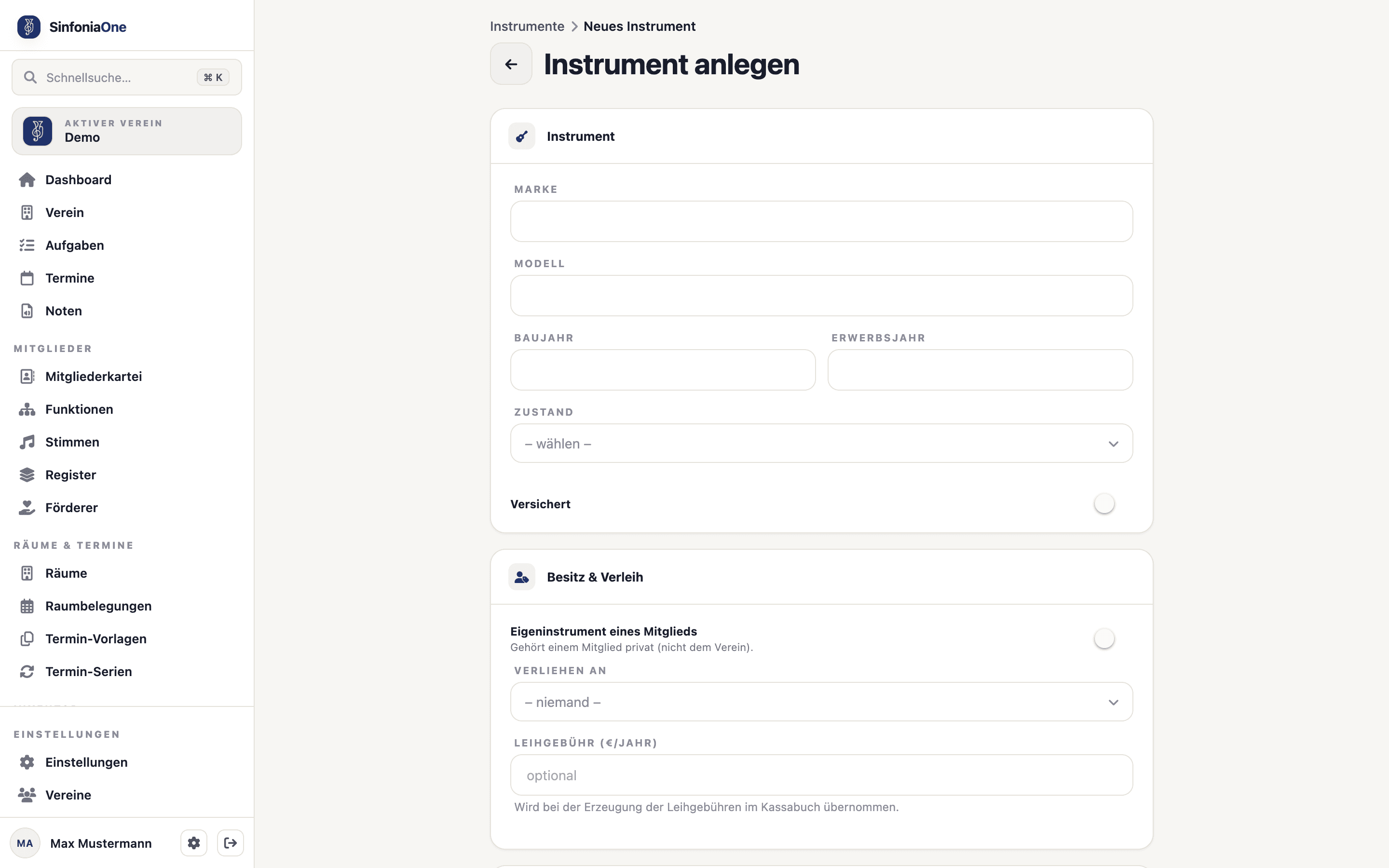 Instrument-Formular (InstrumentFormScreen) mit Feldern für Marke, Modell, Zustand und Besitz