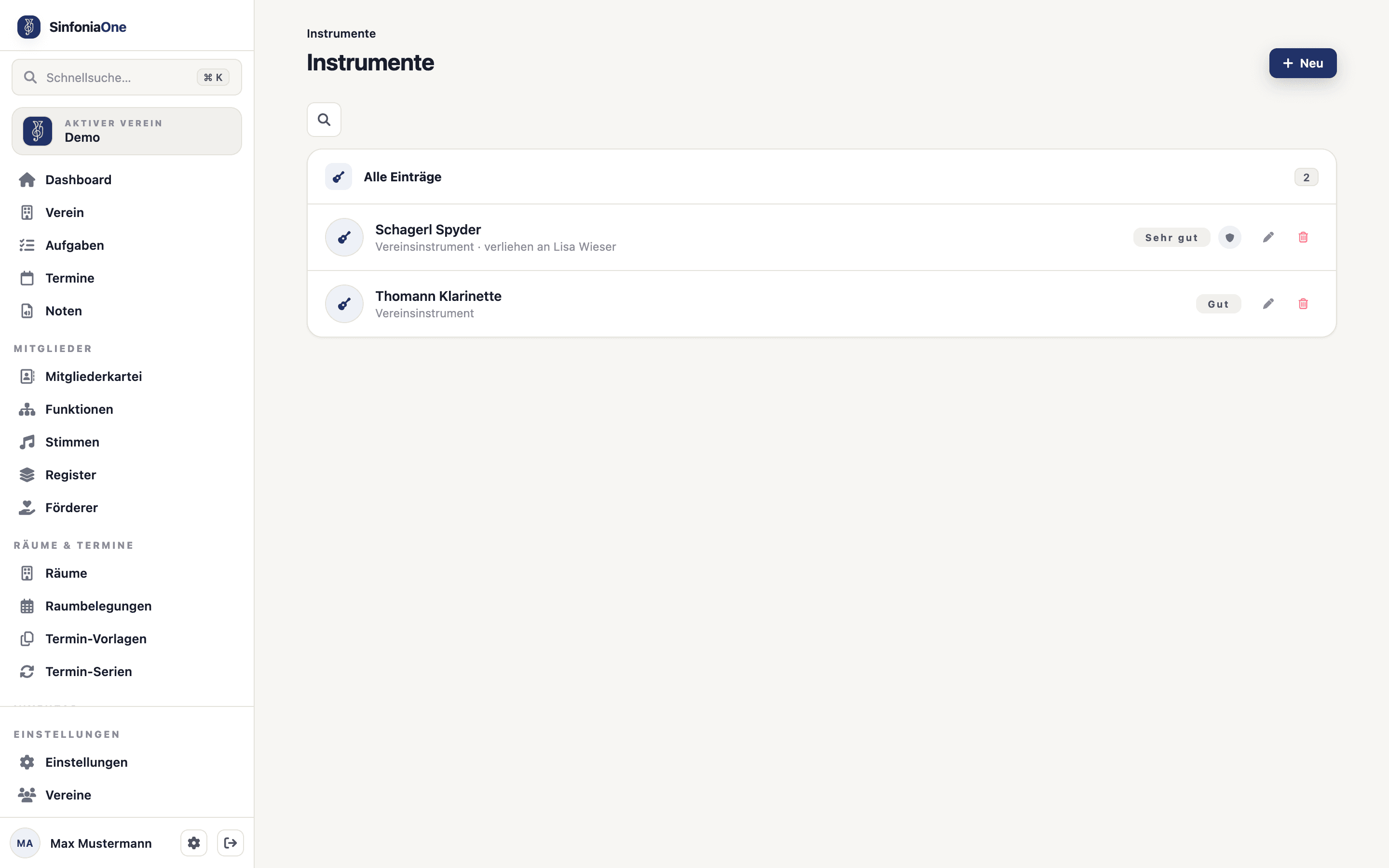Instrumenten-Übersicht (InstrumentsScreen) mit Liste und Button „Neu"