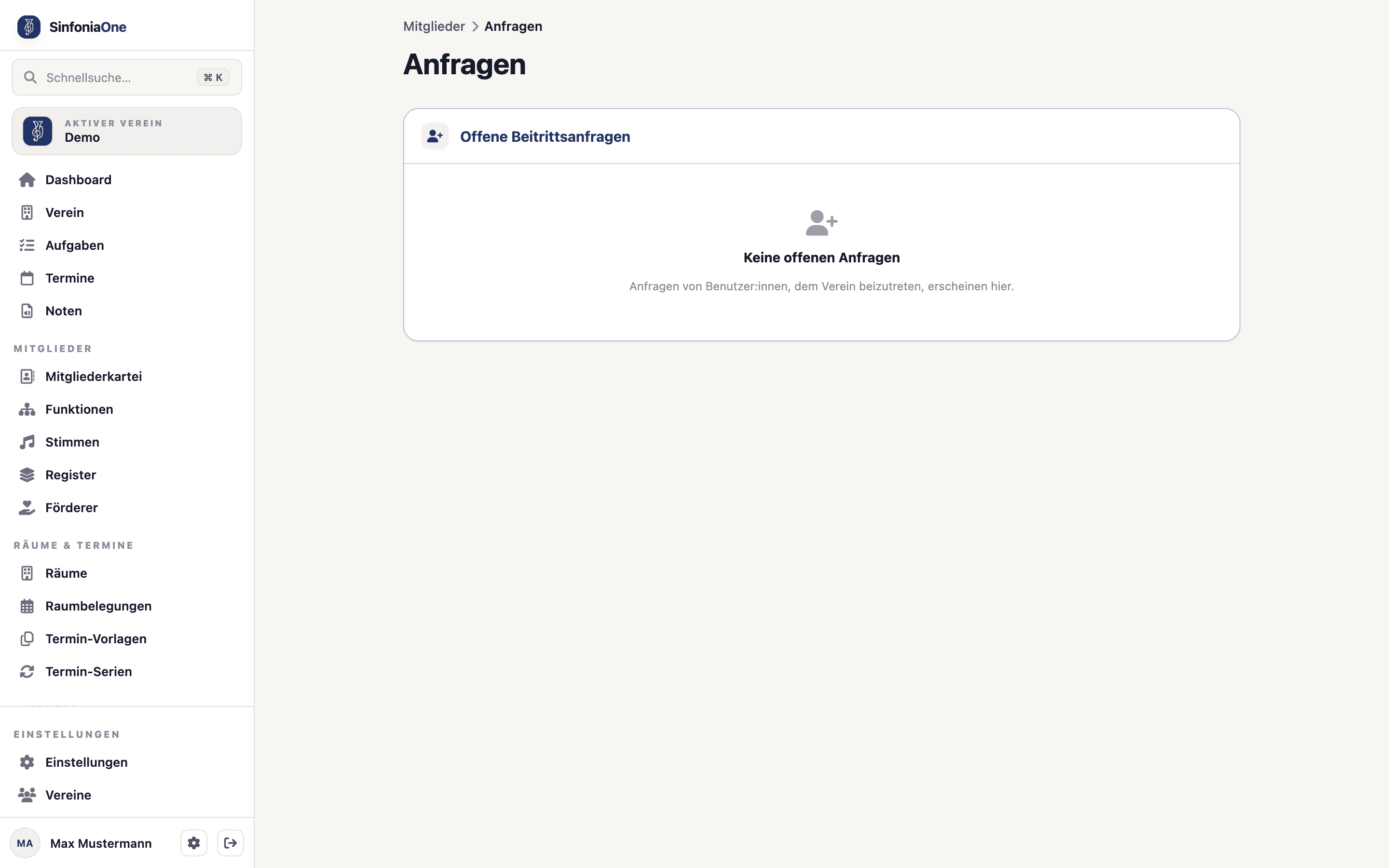 Beitrittsanfragen-Übersicht (JoinRequestsScreen) mit Liste offener Anfragen