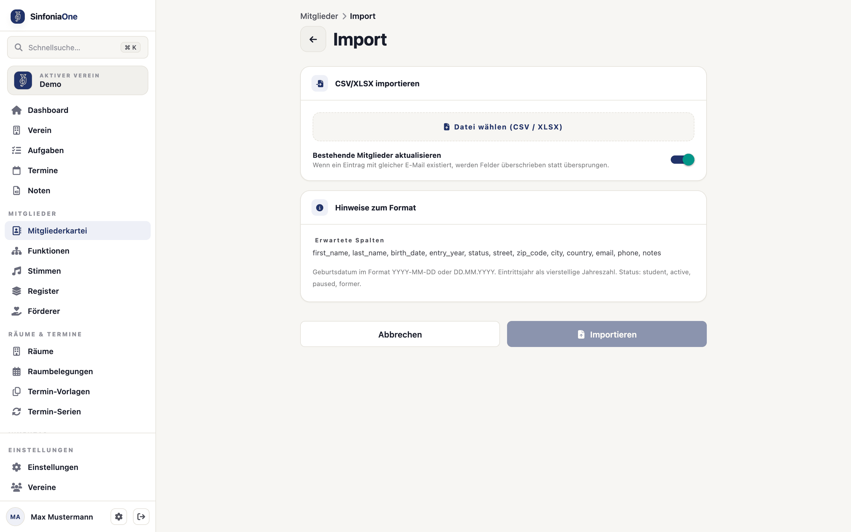 Mitglieder-Import (MemberImportFormScreen) mit Datei-Auswahl und Option „Bestehende aktualisieren"