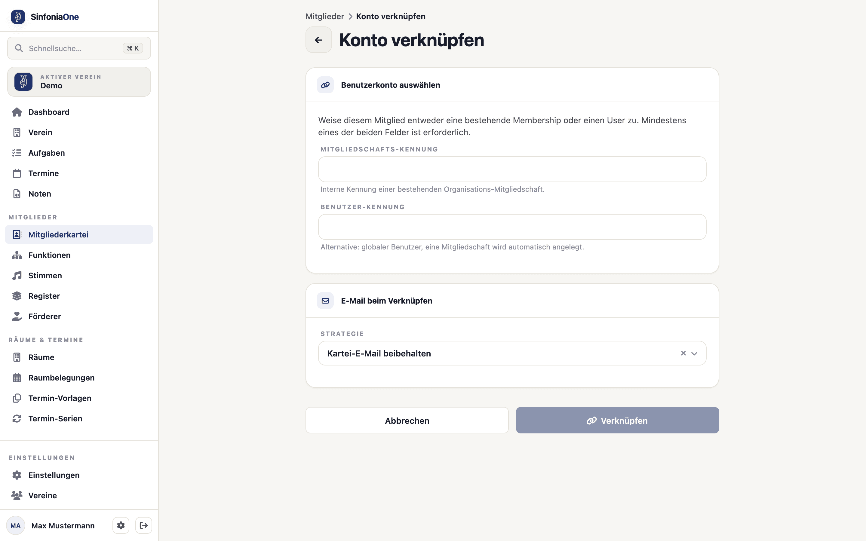 Formular „Konto verknüpfen" (MemberLinkFormScreen)