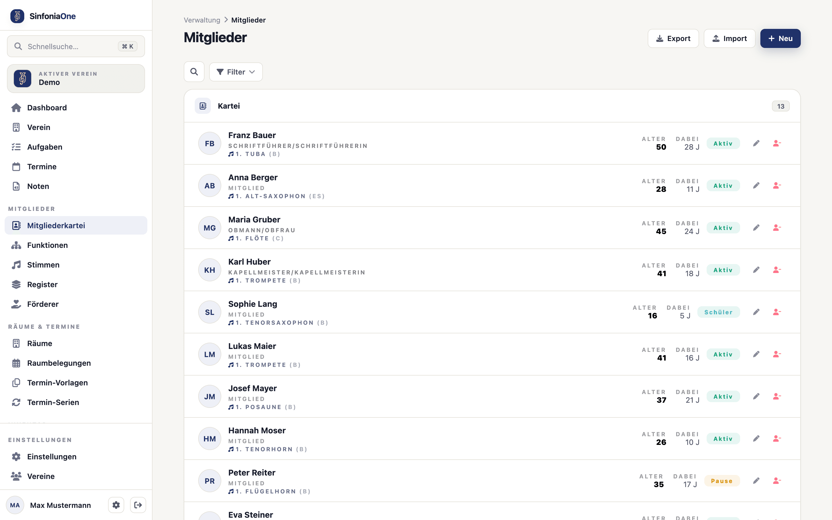Mitgliederliste (MemberListScreen) mit Suchfeld, Status-Filtern und Mitgliederkarten