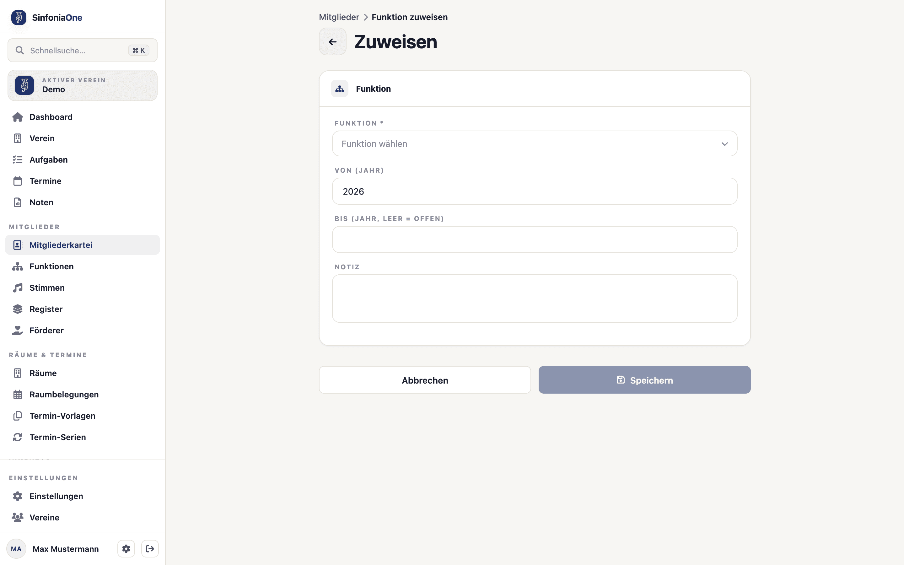 Formular „Funktion zuweisen" (MemberRoleAssignmentFormScreen) mit Amt-Auswahl und Von-/Bis-Jahr