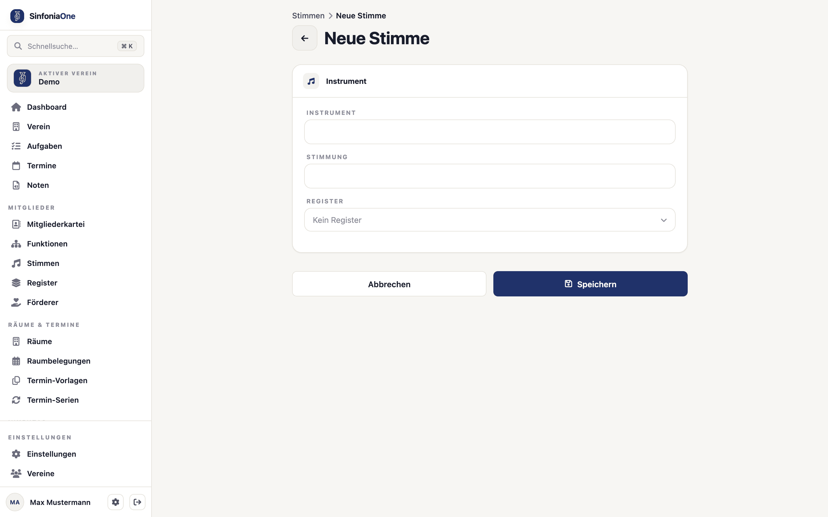 Stimmen-Formular (PartFormScreen) mit Name und Register-Auswahl