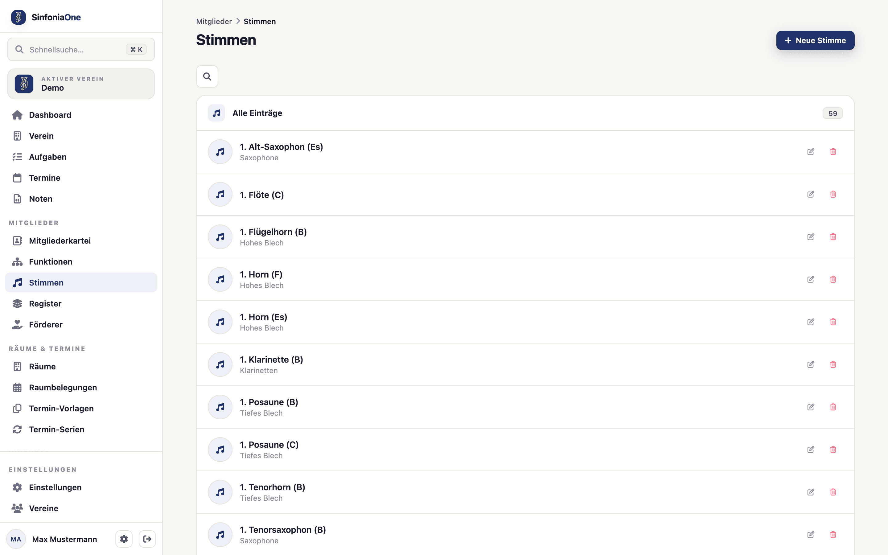 Stimmen-Übersicht (PartsScreen) mit Liste der vorhandenen Stimmen