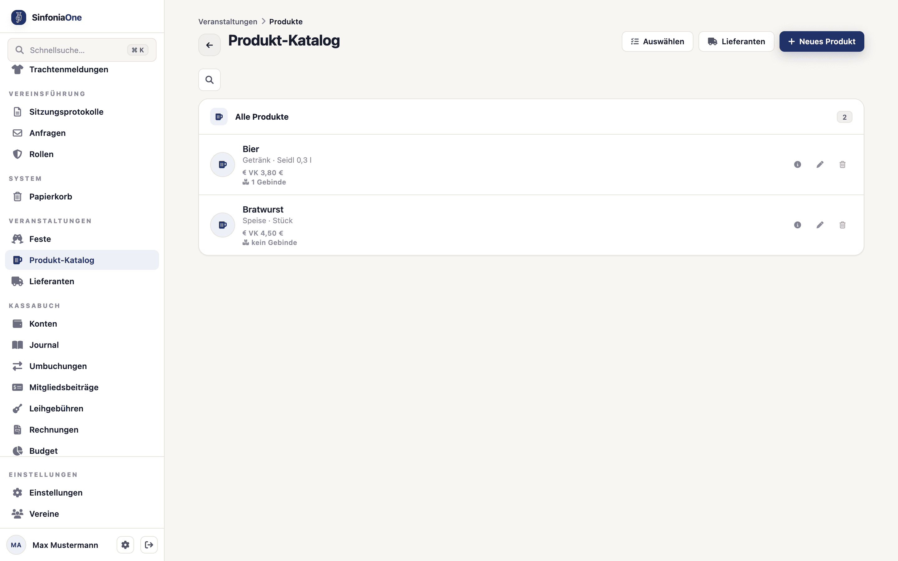 Produkt-Katalog (ProductCatalogScreen) mit Getränken und Speisen