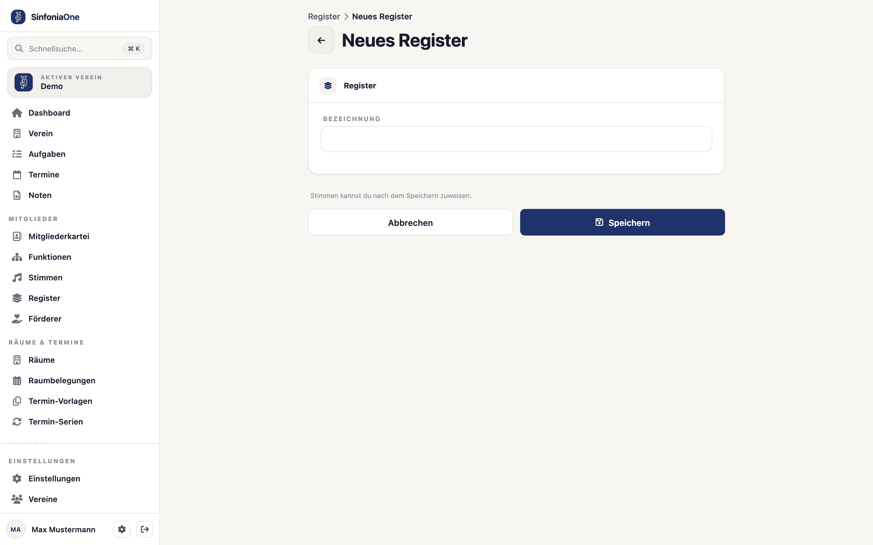 Register-Formular (RegisterFormScreen) mit Namensfeld