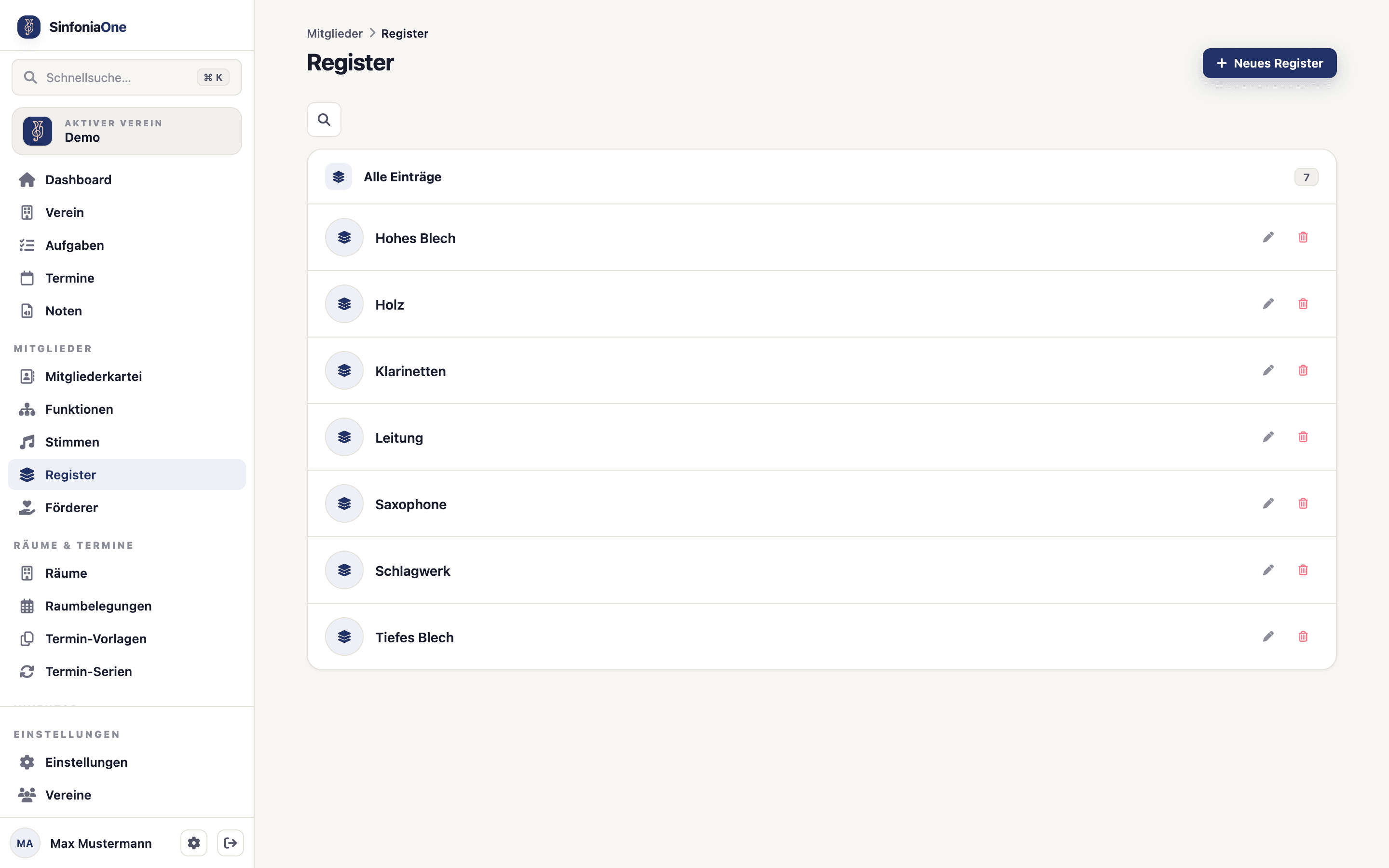 Registerliste (RegistersScreen) mit Gruppen wie Holz, Blech, Schlagwerk