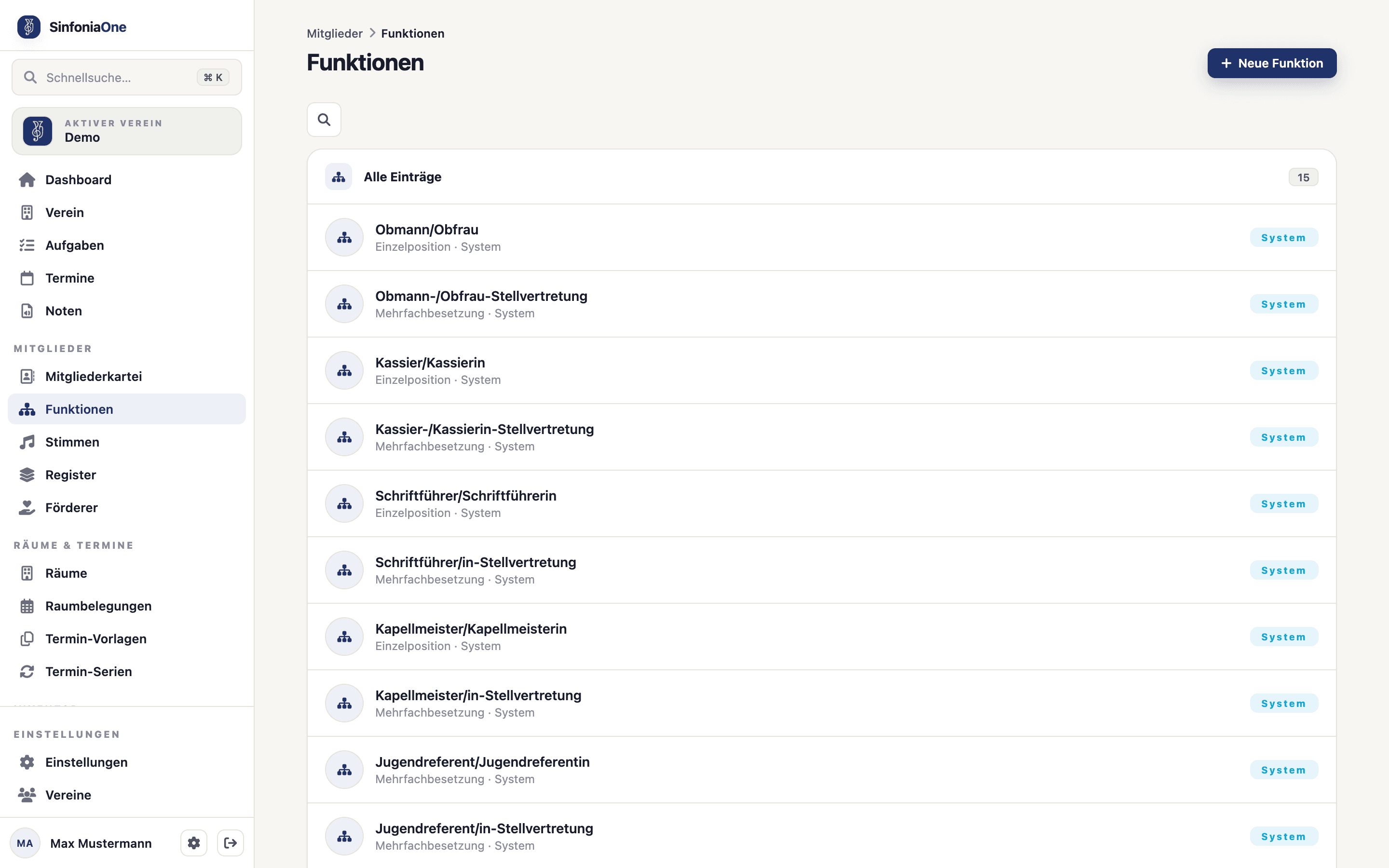 Funktionsliste (RolesScreen) mit Ämtern wie Obmann, Kassier, Kapellmeister