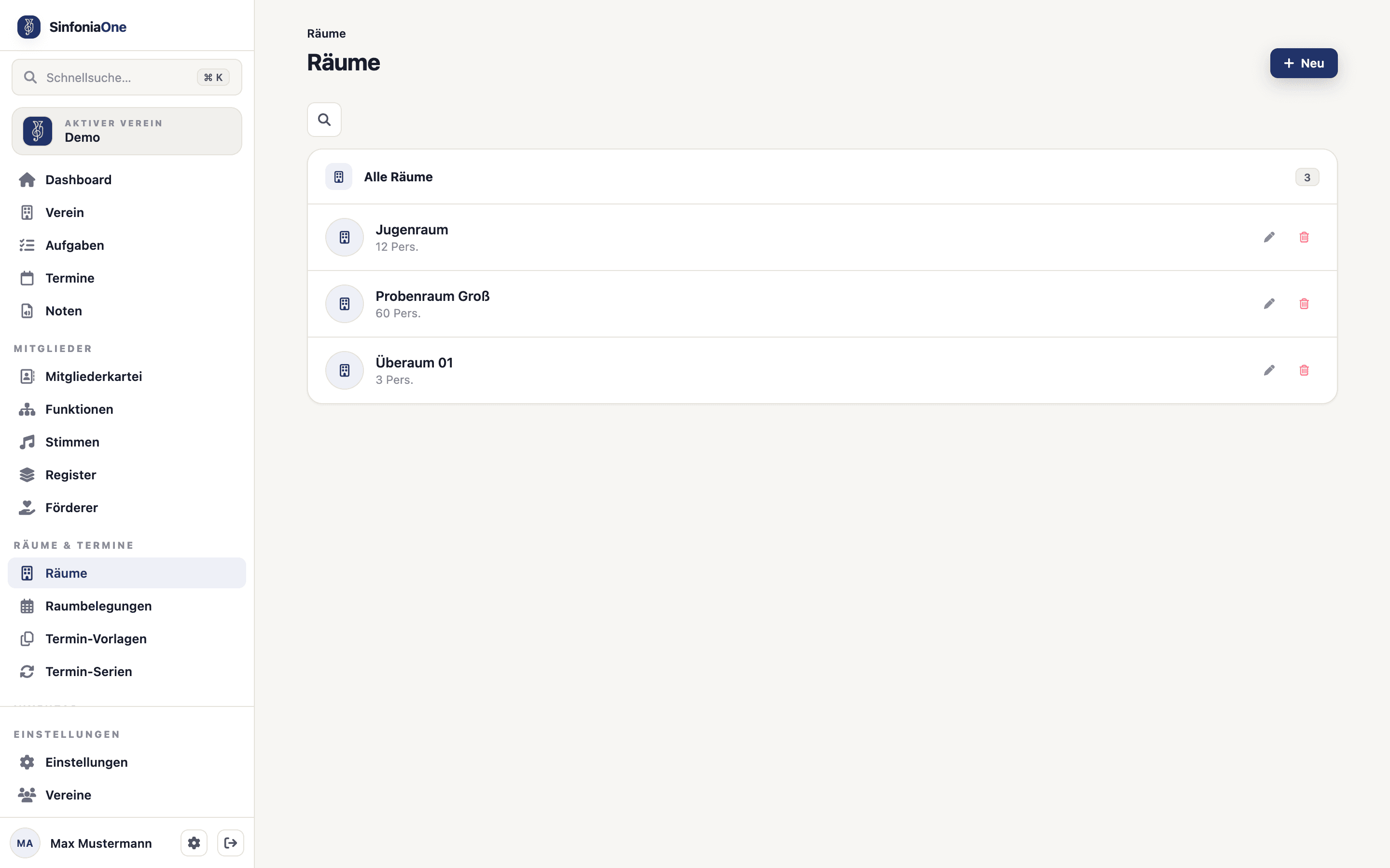 Raumliste (RoomListScreen) mit angelegten Räumen