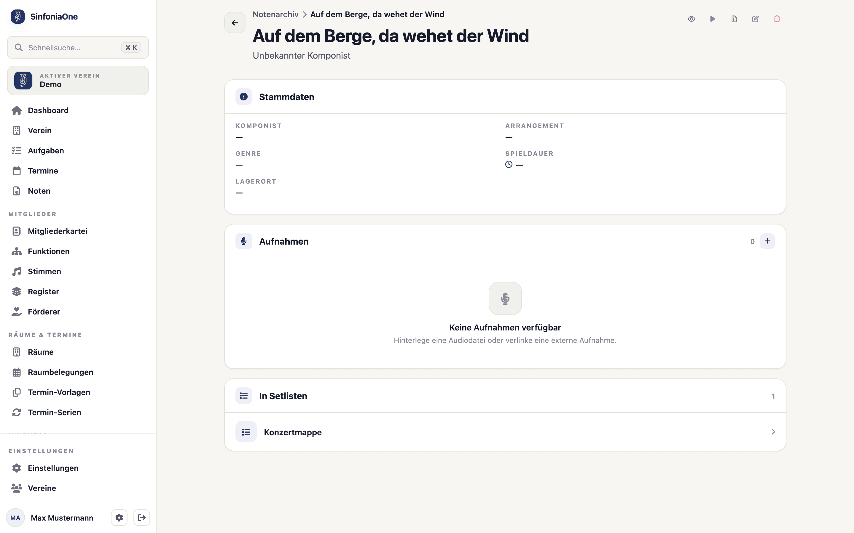Stück-Detailseite (ScoreDetailScreen) mit Aktion „Als .sinone-Datei sichern"