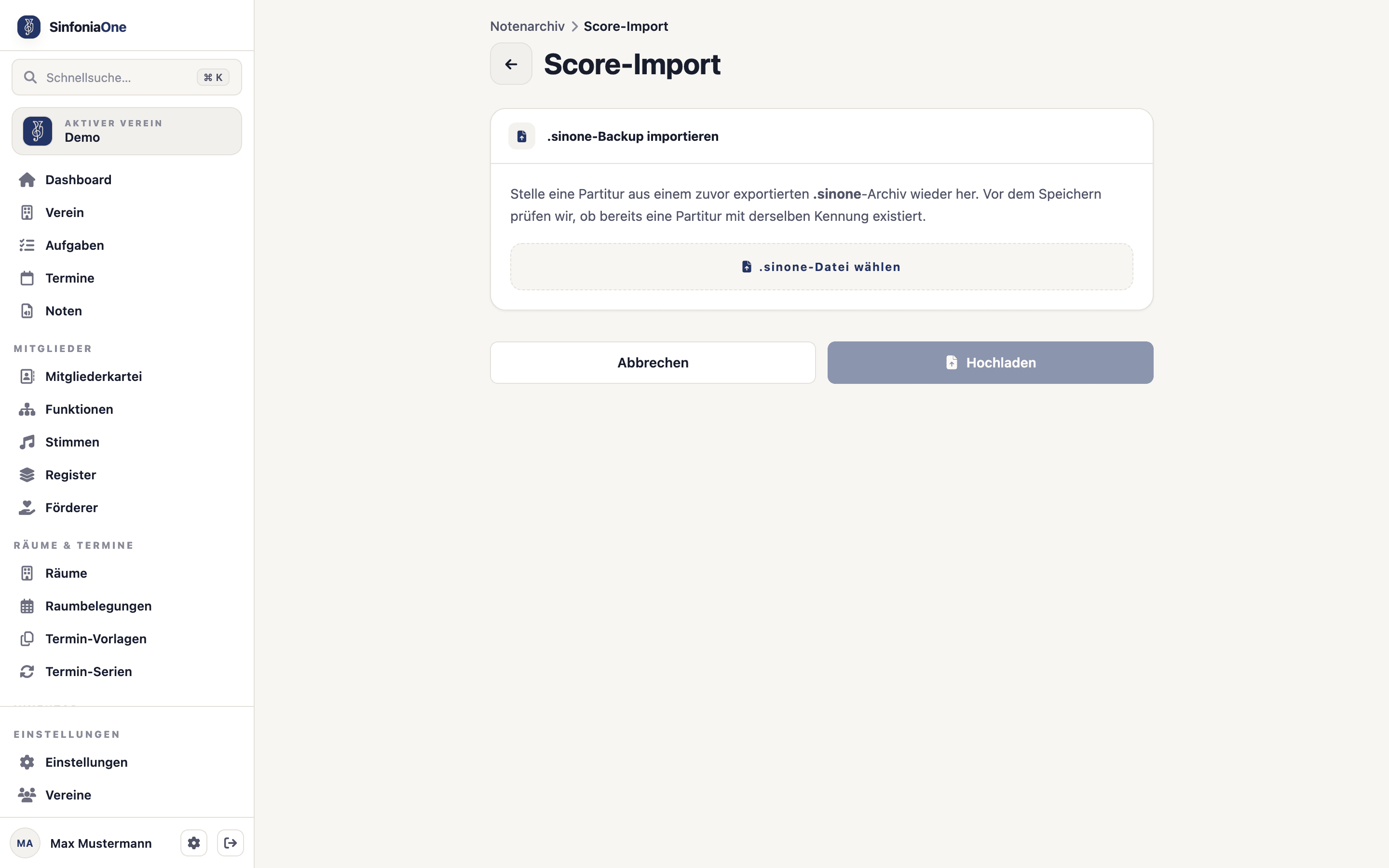 Import-Auswahl (ScoreImportScreen) mit Option „.sinone-Datei hochladen"