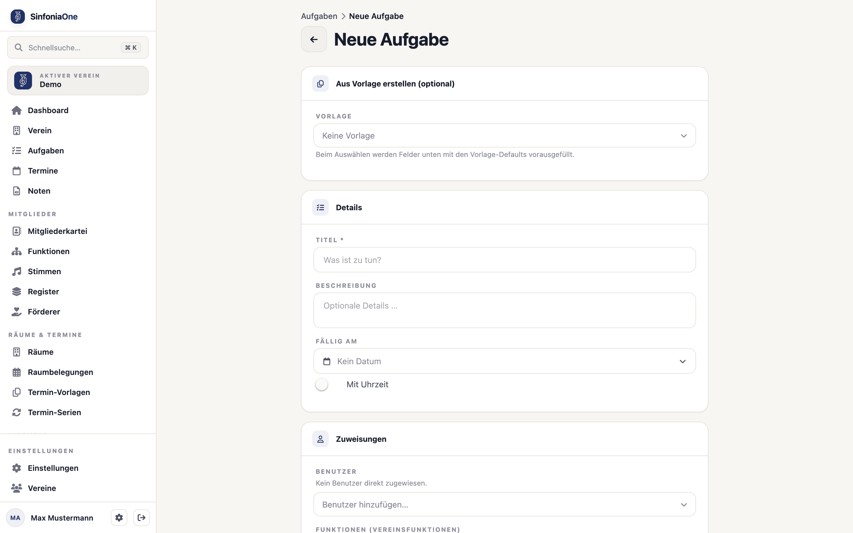 Aufgabenformular (TaskFormScreen) mit Titel, Beschreibung und Fälligkeitsdatum
