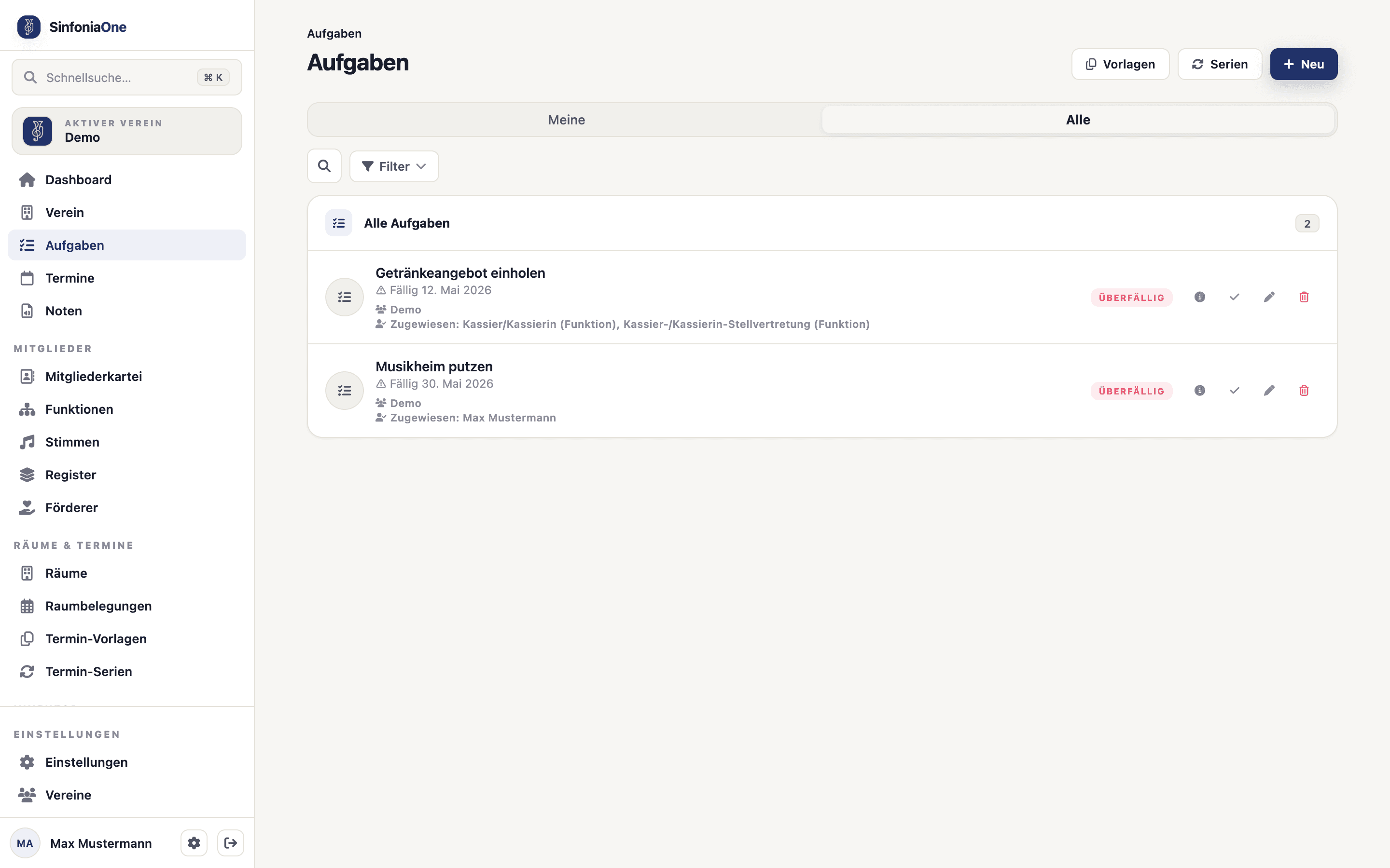 Aufgabenliste (TaskListScreen) mit offenen und erledigten Aufgaben