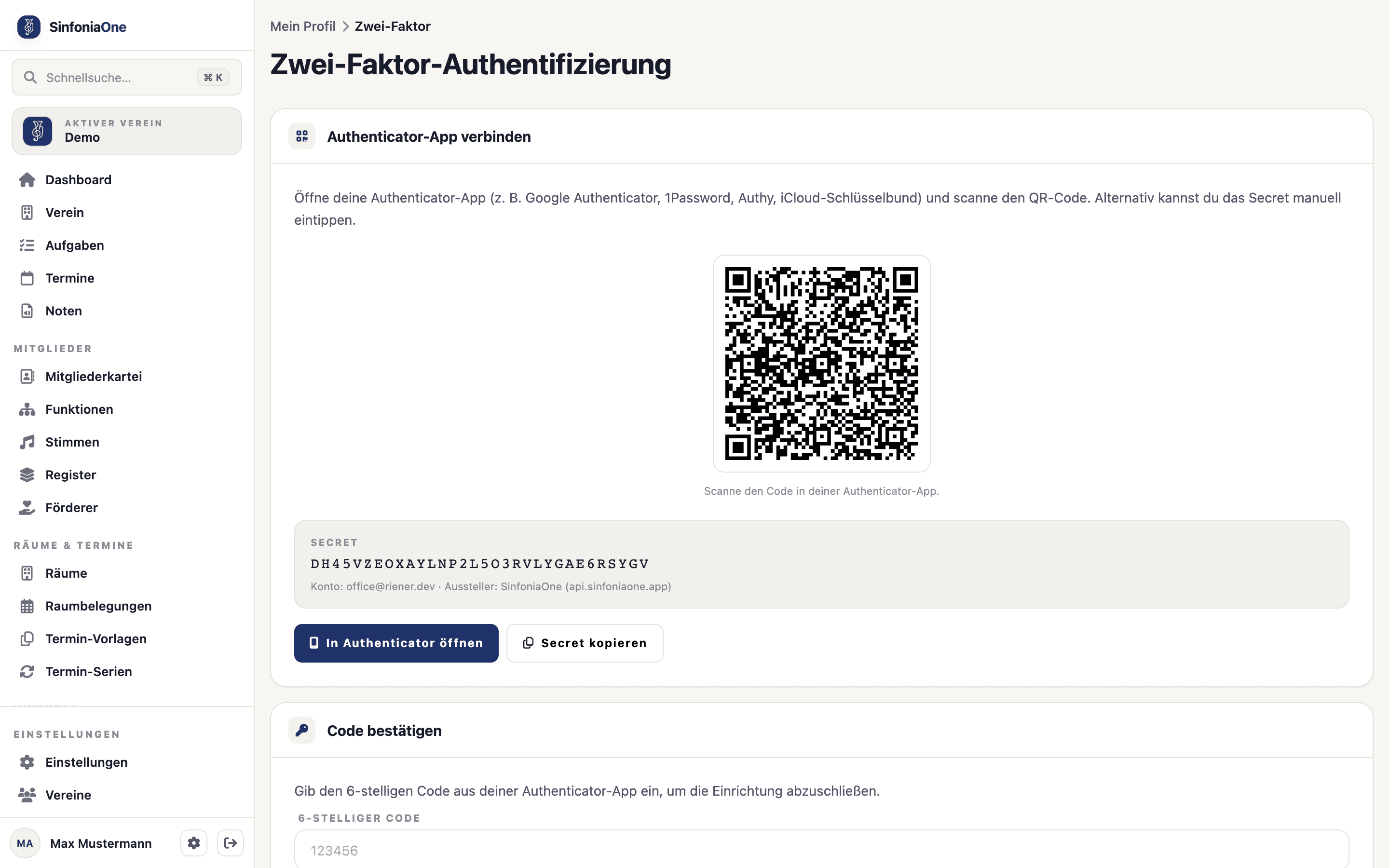 Einrichtung der Zwei-Faktor-Anmeldung (TwoFactorSetupScreen) mit QR-Code und Code-Eingabefeld