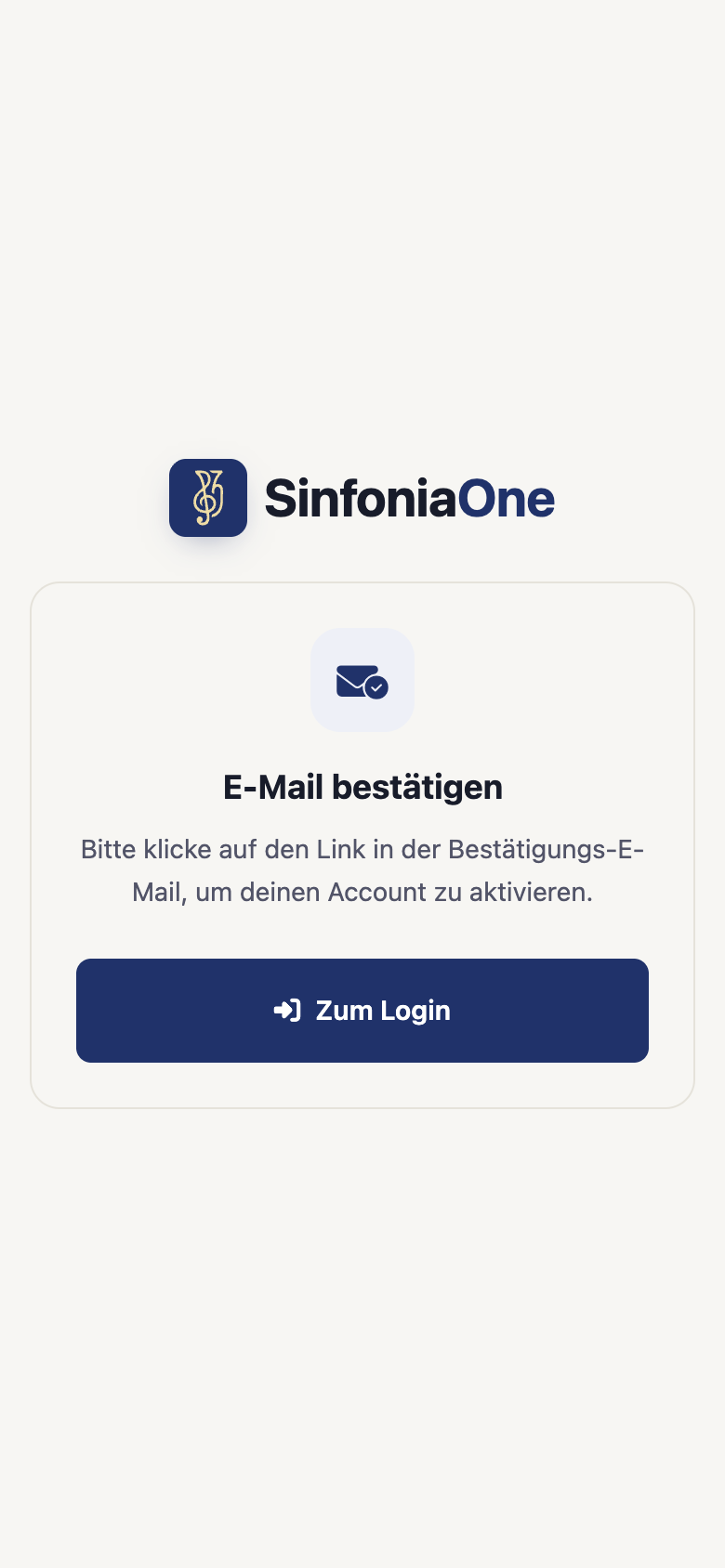 Bildschirm „E-Mail bestätigen“ (EmailConfirmScreen) mit Bestätigungshinweis