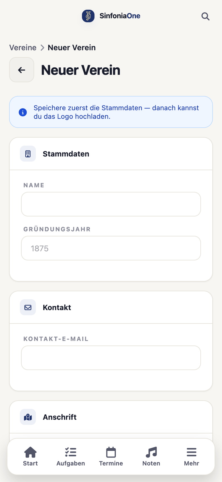 Form “Found a club” (OrganizationFormScreen) with name, address and logo upload