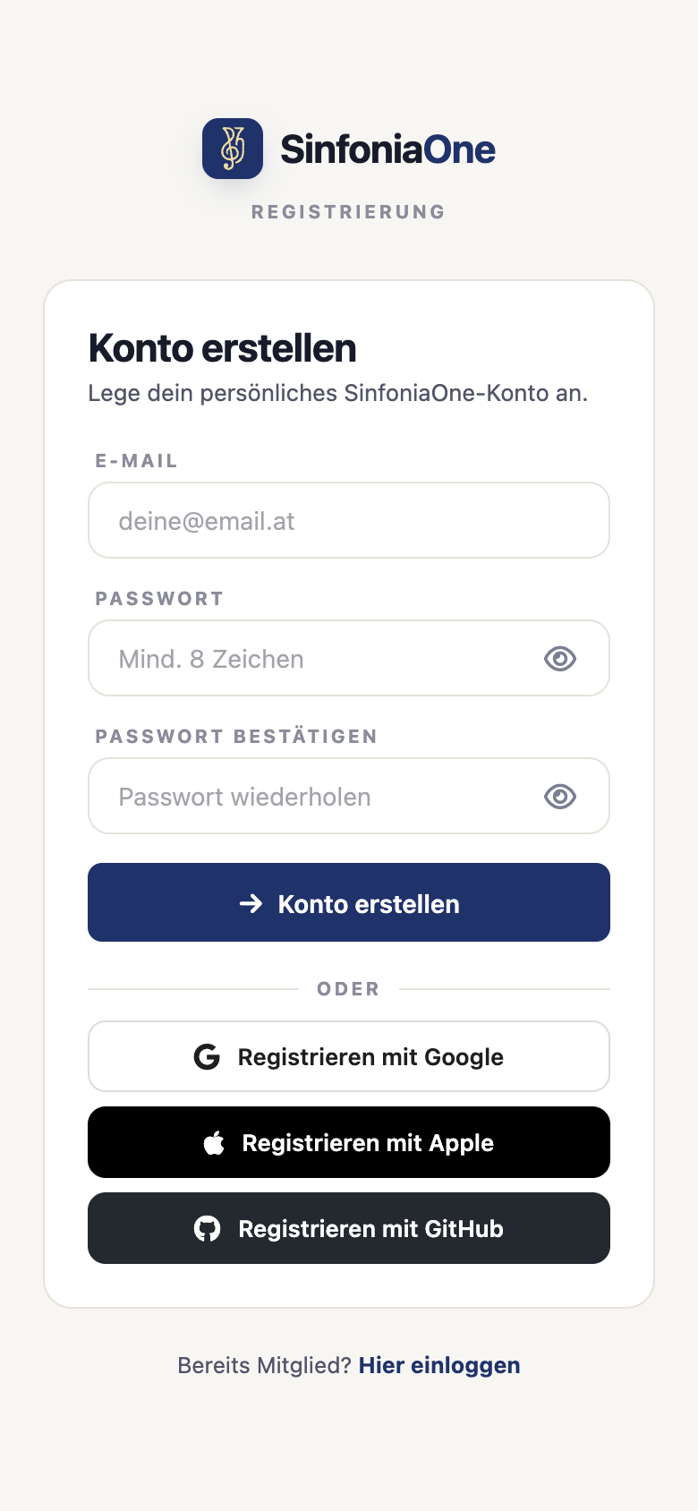Registrierungsformular (RegisterScreen) mit den Feldern E-Mail, Passwort, Passwort wiederholen