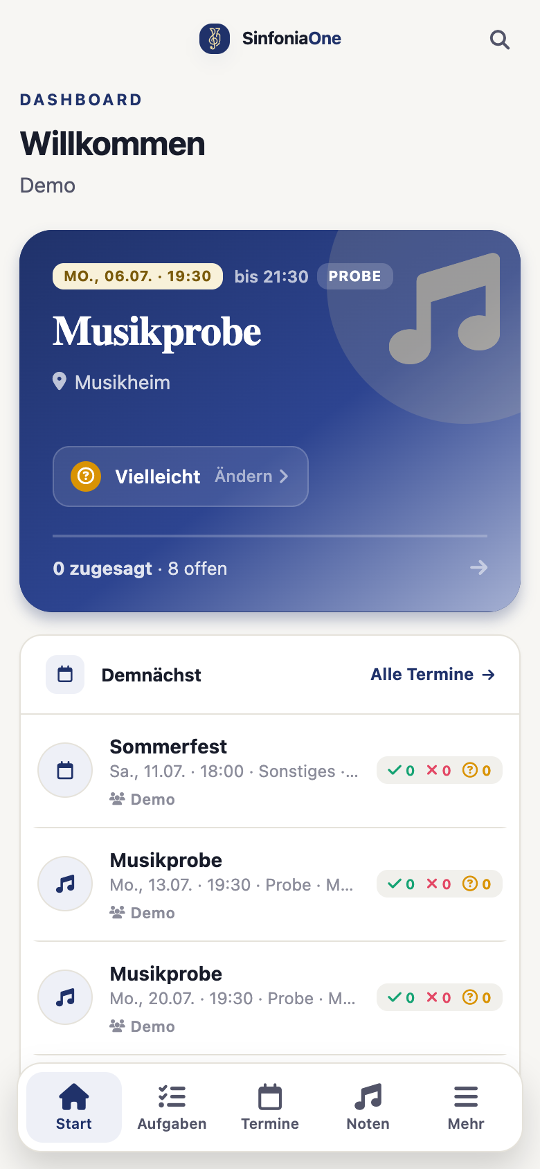 Mobile Ansicht mit unterer Tab-Leiste (Dashboard/Verein/Aufgaben/Termine/Noten) und Tab „Mehr“