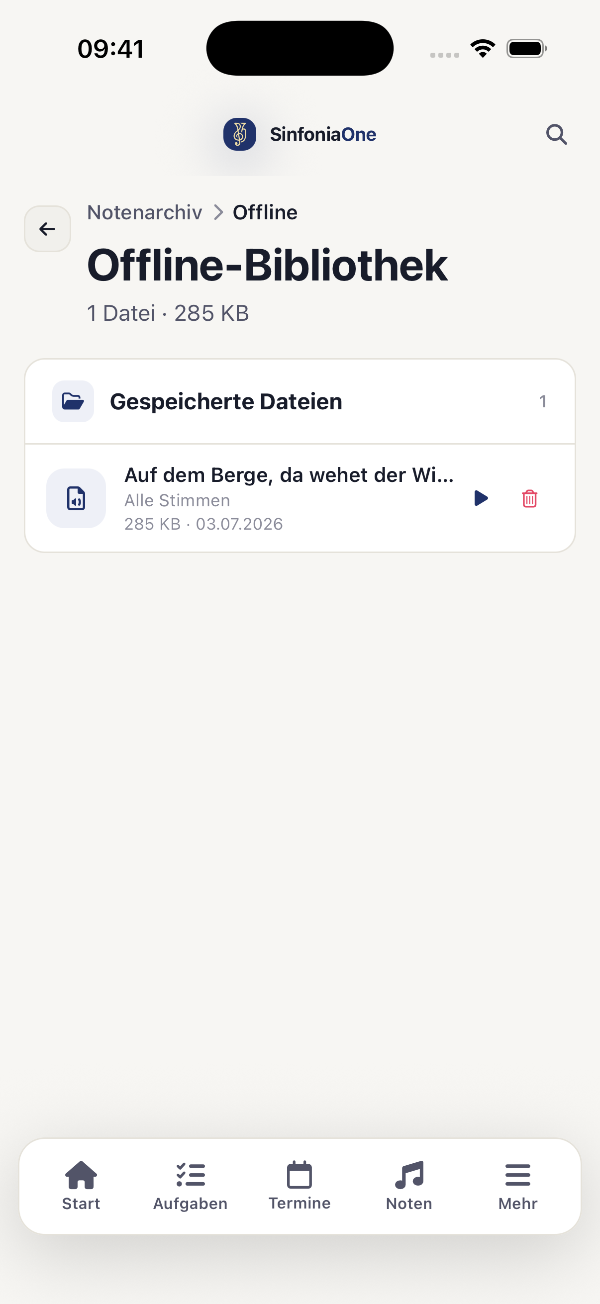 Offline-Bibliothek (OfflineLibraryScreen) mit Liste der gespeicherten Stücke